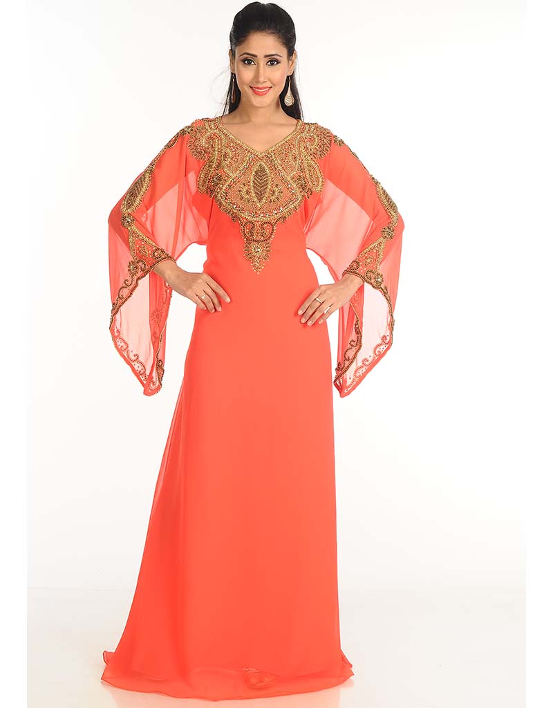 Arabic Peach Georgette Hand Zari Embroidered Galabiya Dress | Elegant Islamic Abaya for Women | Perfect for Eid, Wedding & Special Occasions