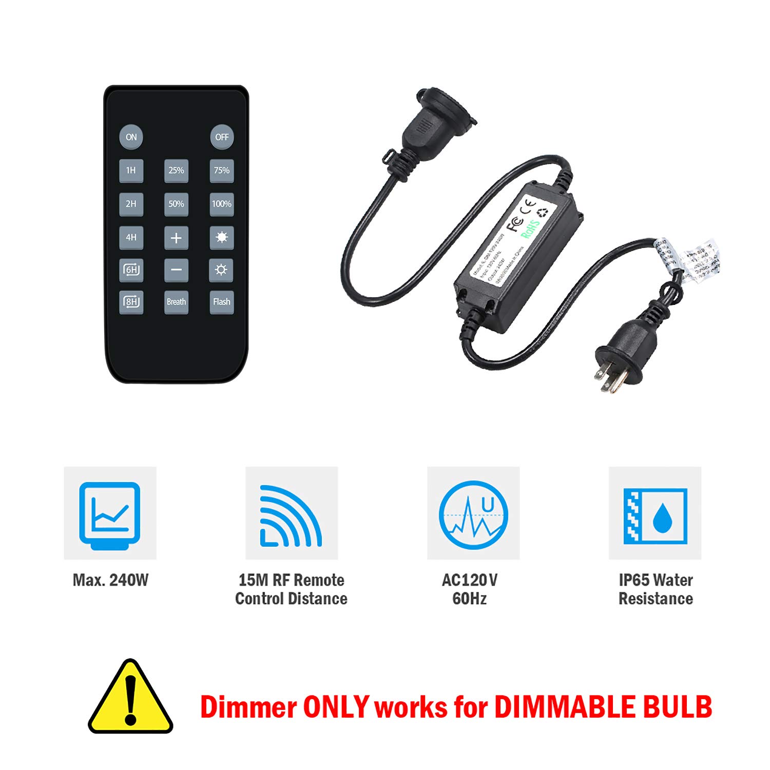 Outdoor Wireless Remote Control Dimmer for String Lights - 240W Plug-in Dimmer with 50Ft Range, Compatible with LED & Incandescent String Lights, 3-Prong Plug - Perfect for Patio, Garden, and Backyard Lighting