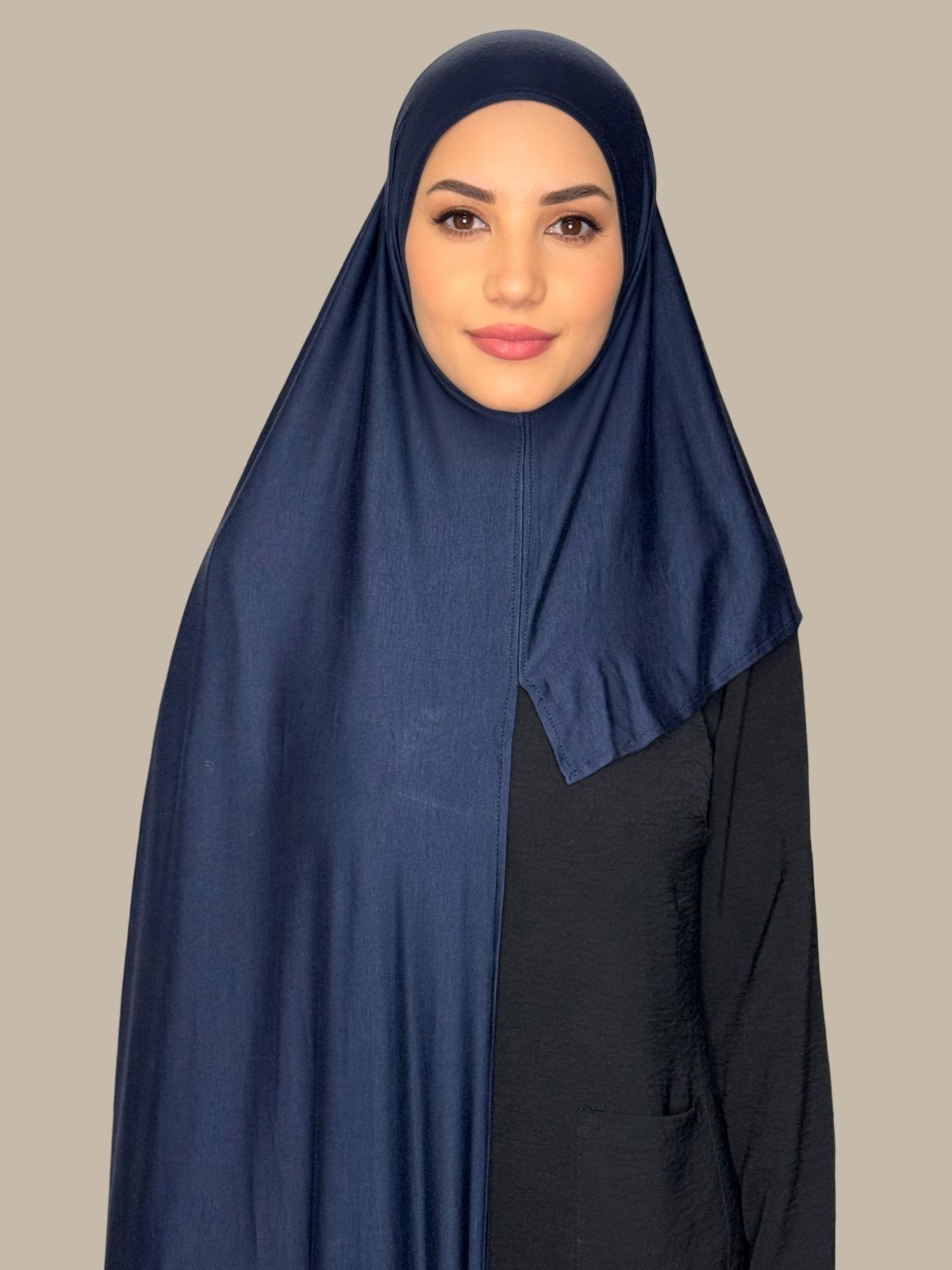 Premium Pre-Sewn Jersey Hijab Scarf - Soft & Comfortable Navy Blue Muslim Headscarf for Women - Perfect for Daily Wear, Work, and Prayer