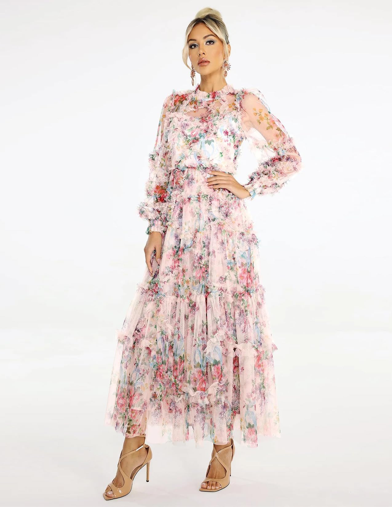 BELLA BARNETT Women's Fairy Floral Printed Mesh Sun Dress - Elegant Beige Summer Dress for Date Night, Beach Vacation & Outdoor Parties