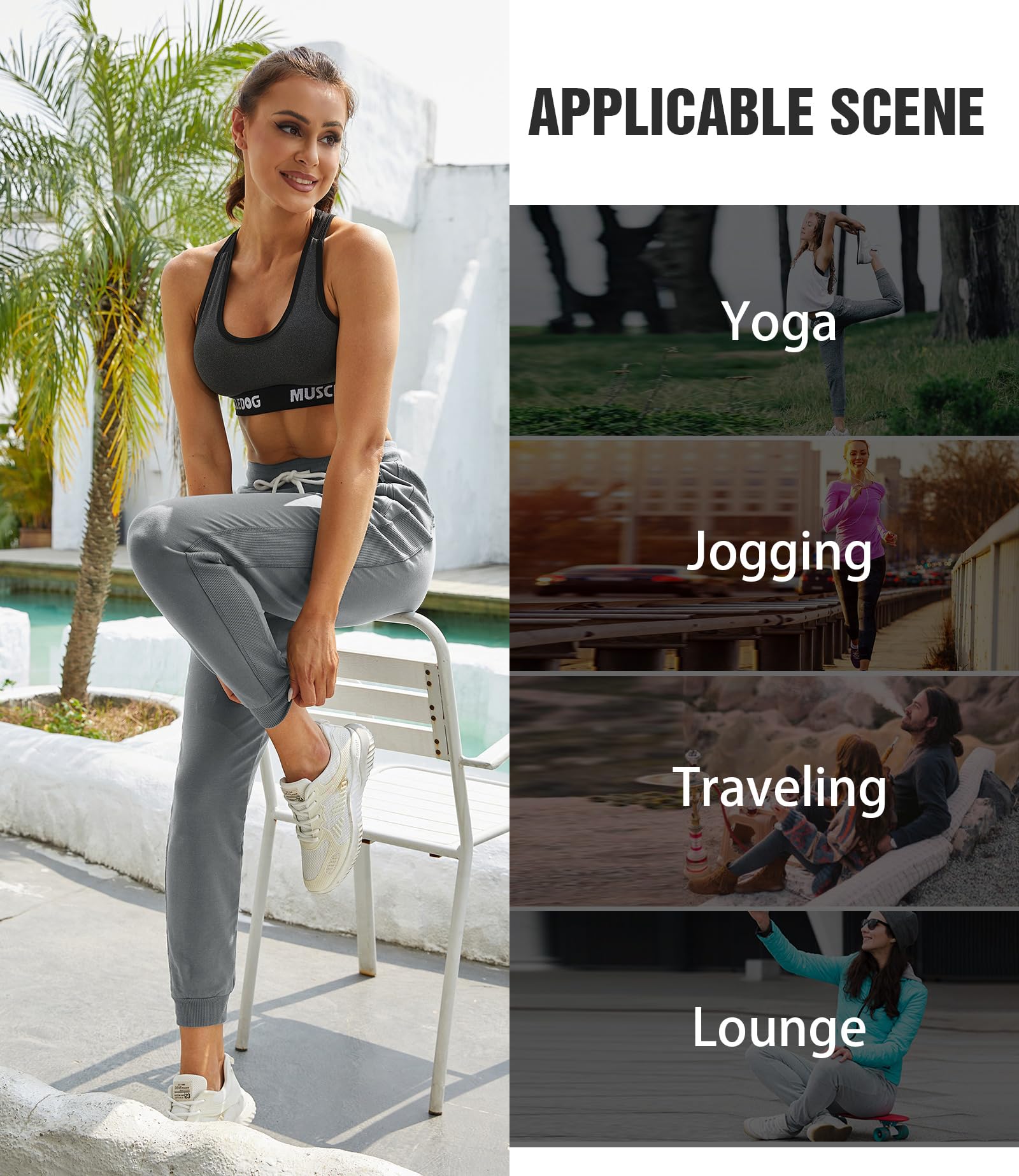 PULI Women's High Waisted Workout Sweatpants - Cotton Joggers with Ribbed Splicing & Zipper Pockets for Yoga, Running, Gym & Lounge Wear