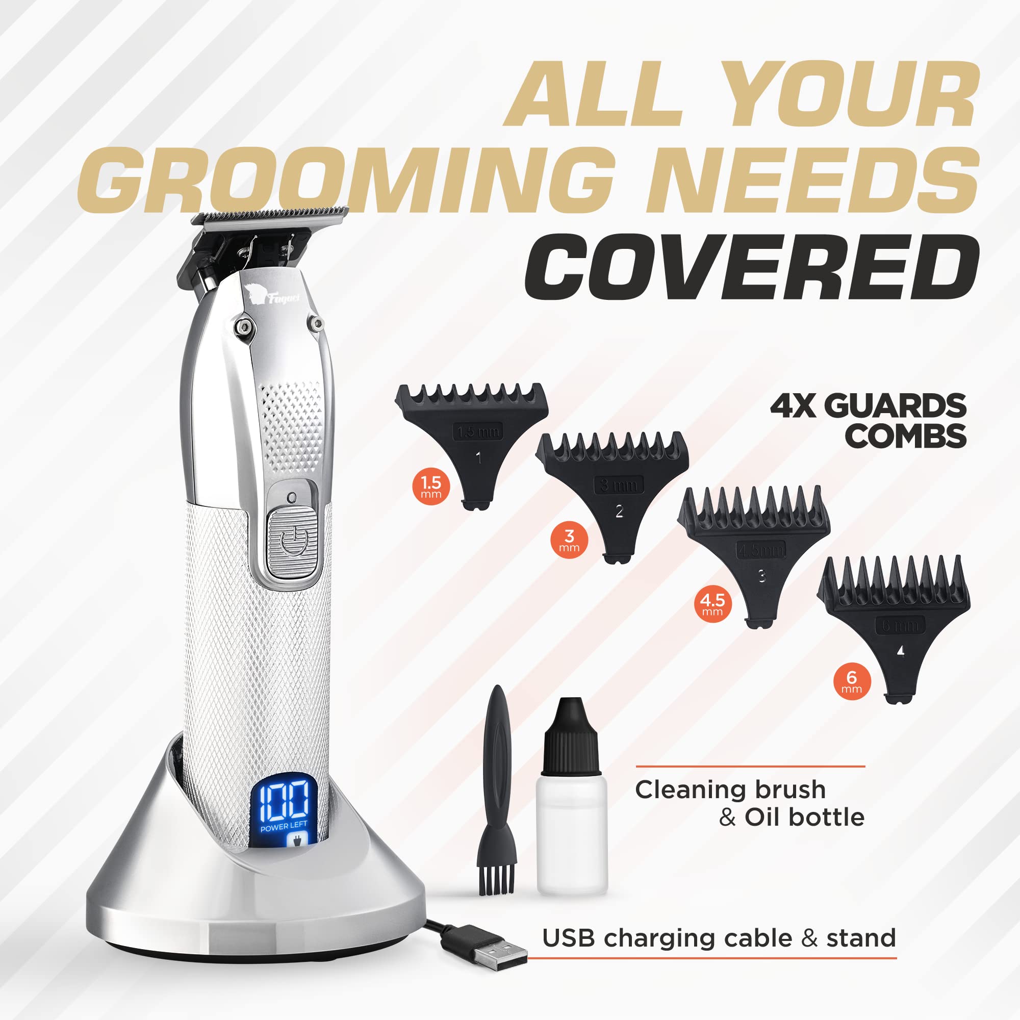 Fagaci Professional Men's Hair Trimmer - Turbo Power Clipper with Adjustable Zero Gap Blades for Precise Clean Cuts | Home Barbering, Beard Trimming & Personal Grooming Kit
