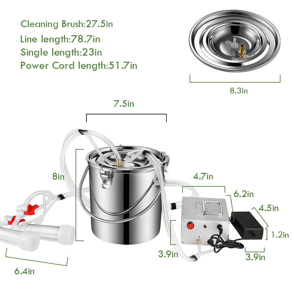 7L Electric Milking Machine for Goats & Cows - Single Bucket Piston Vacuum Pulsation Mini Household Milker with US Plug - Perfect for Small Farms, Homesteads and Dairy Enthusiasts