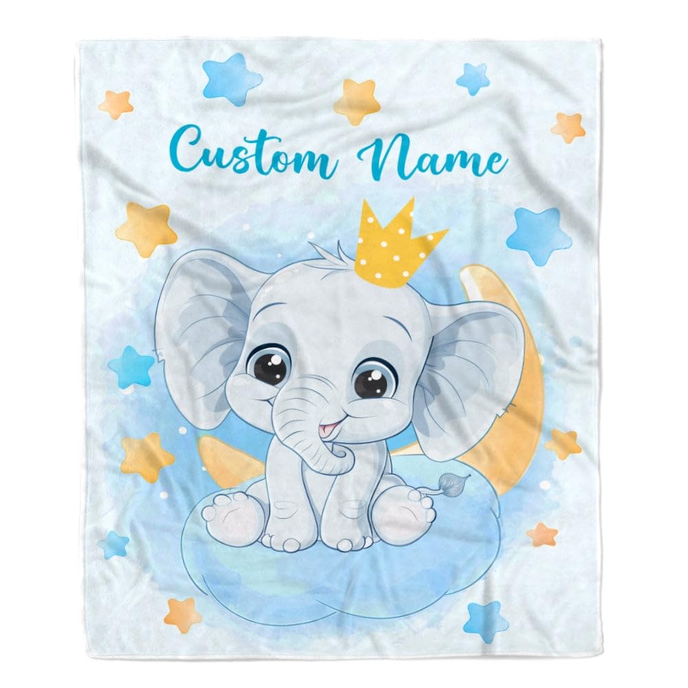 Personalized Baby Blanket with Elephant & Stars Design - Custom Fleece Blanket for Newborn Boys, Girls, Grandkids - 50
