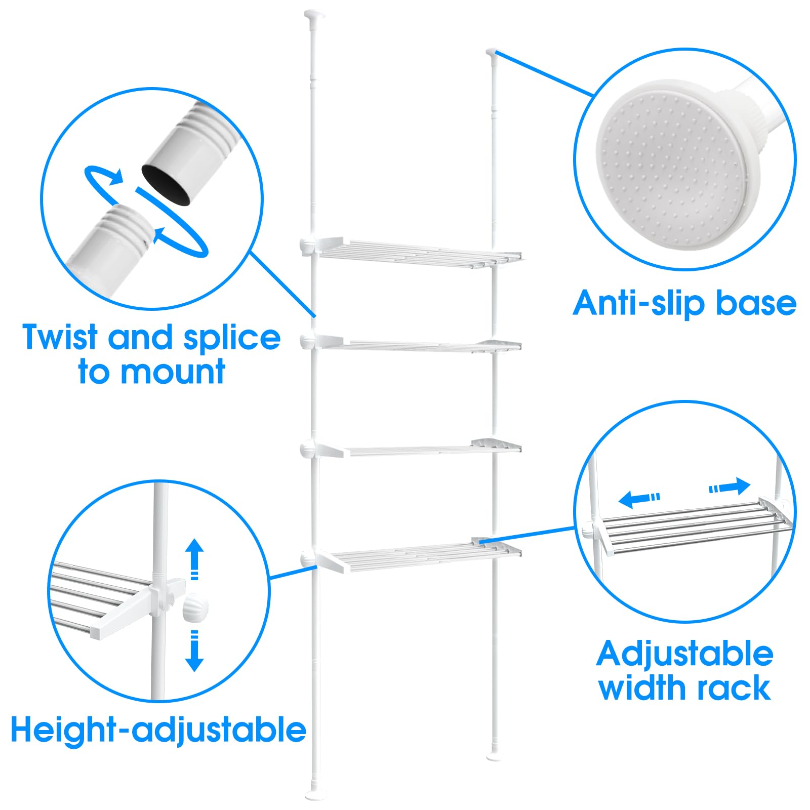 Adjustable Over The Toilet Storage Shelf - 91-124 Inch 4-Tier Bathroom Organizer Rack | Stainless Steel Space Saver for Small Bathrooms | Perfect for Towels, Toiletries & Bathroom Essentials (White)