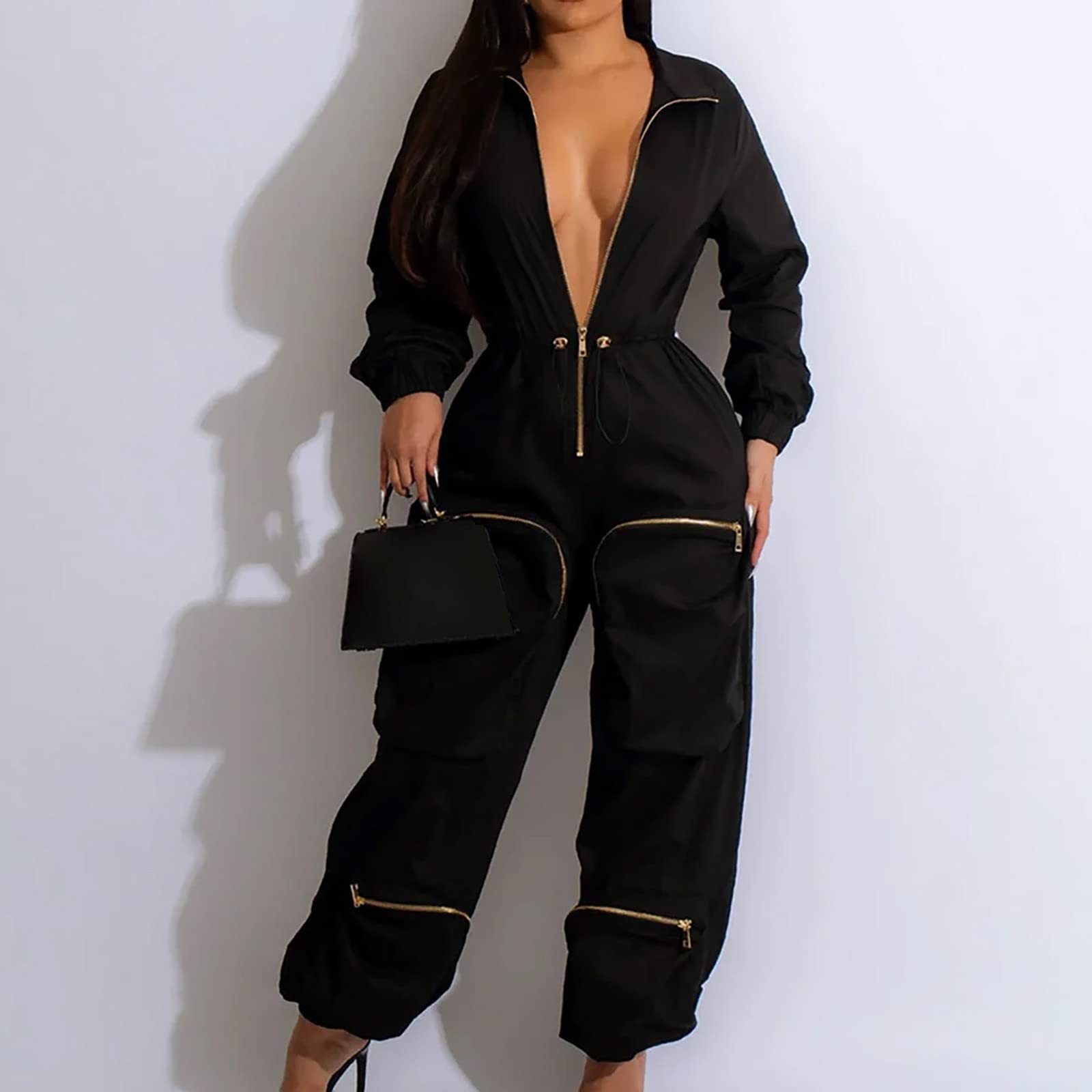 Women's Valor Jumpsuit with Cargo Pockets & Metal Zipper - Stylish Leggings for Workout, Yoga, and Casual Wear | Breathable Deep Neckline Jumpsuit for Women