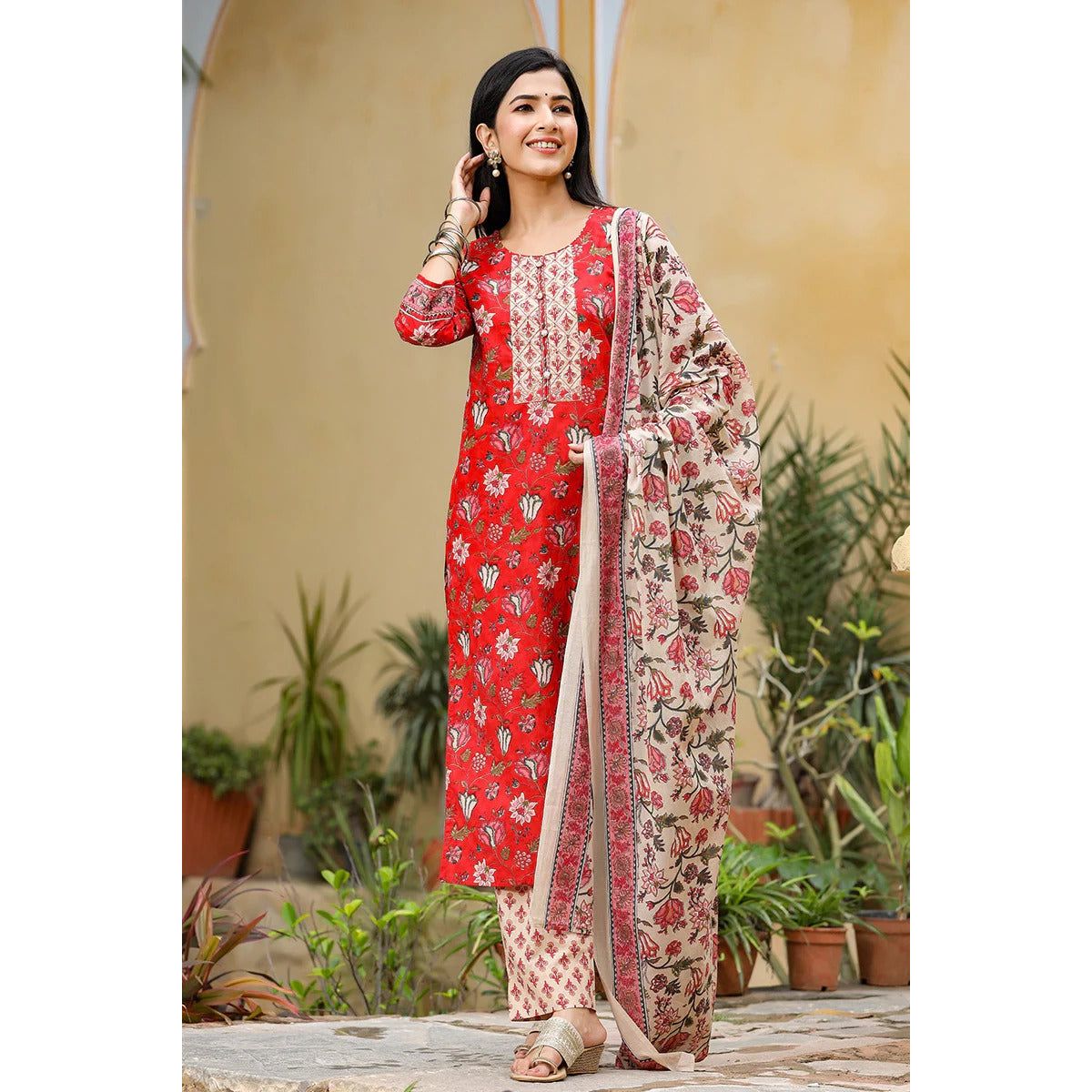 Stylish Red and Cream Printed Kurta Set for Women - Traditional Indian Outfit for Festivals, Parties & Casual Wear