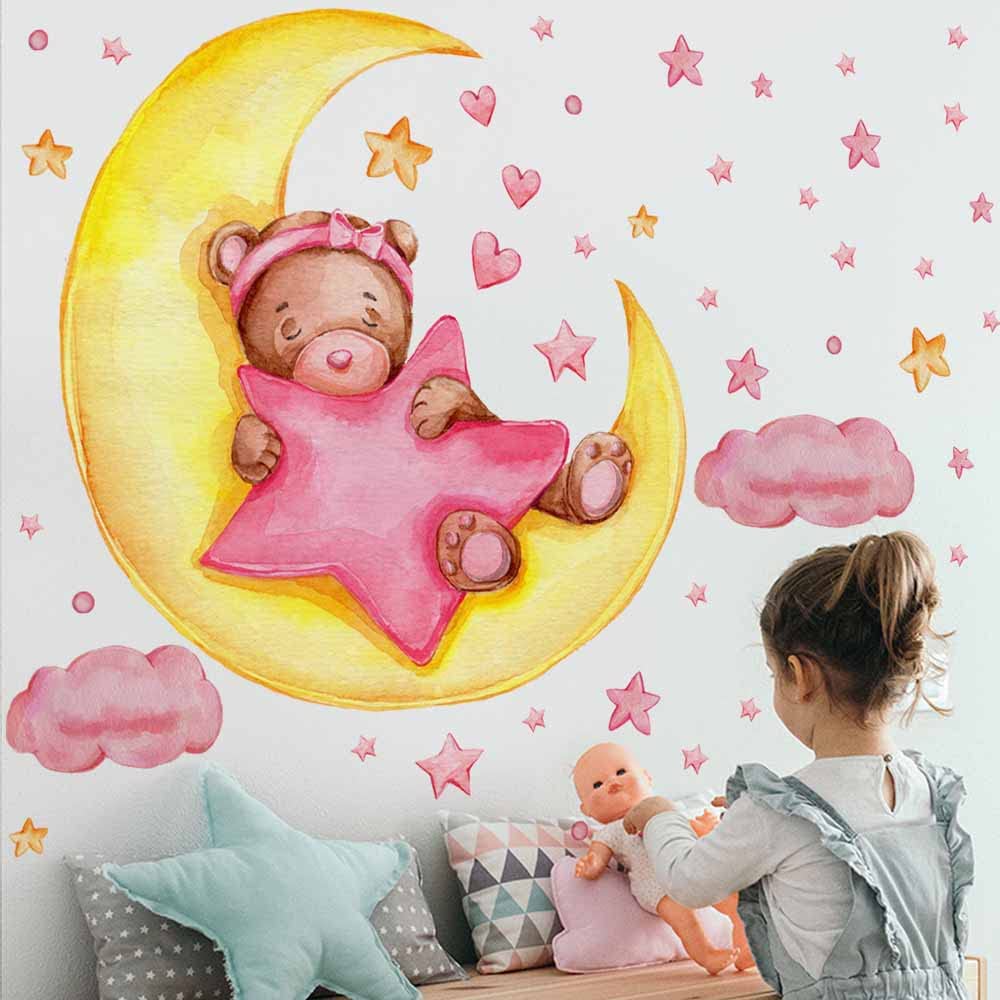 Cute Moon and Stars Wall Stickers for Baby Nursery - Teddy Bear Sleeping on The Moon Decor, Sweet Dream Kids Room Decals, Playroom & Bedroom Wall Art (Pink) - Perfect for Nursery Decor, Children's Bedroom, and Playroom Wall Design