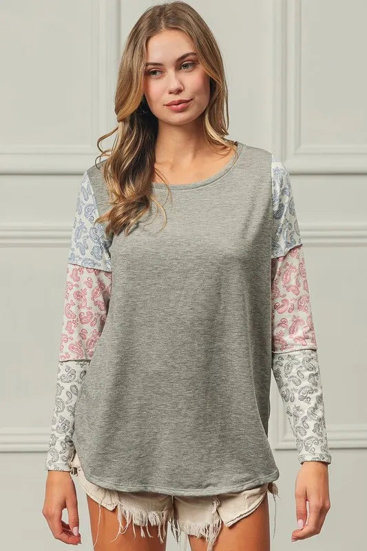 BiBi French Terry Paisley Triblend Color Block Sweatshirt - Soft Casual Pullover for Women | Perfect for Lounge Wear, Yoga & Everyday Comfort