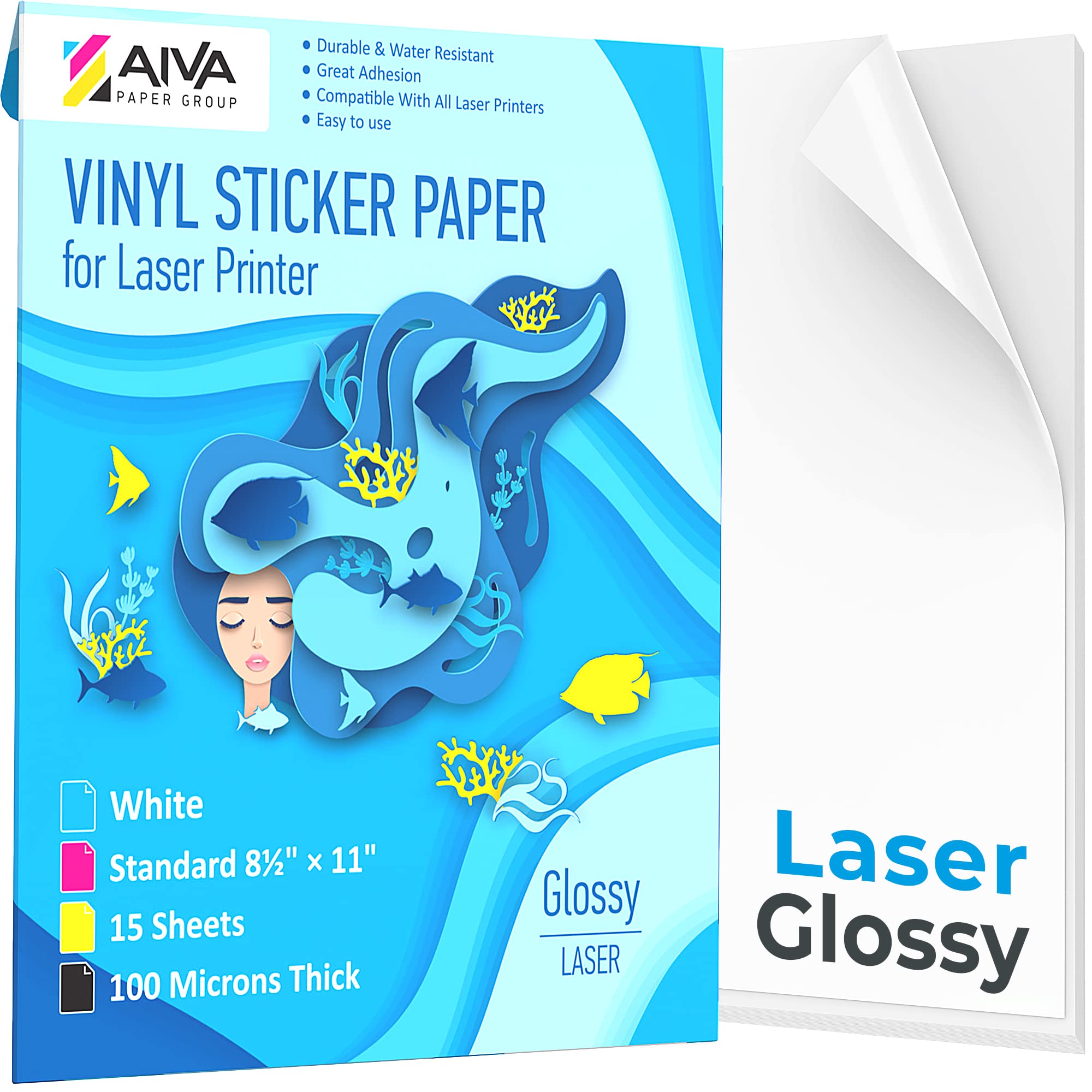 Printable Vinyl Sticker Paper for Laser Printer - Glossy White Waterproof Decal Sheets (15 Pack, 8.5x11 Inches) - DIY Labels, Crafts & Home Decor Projects