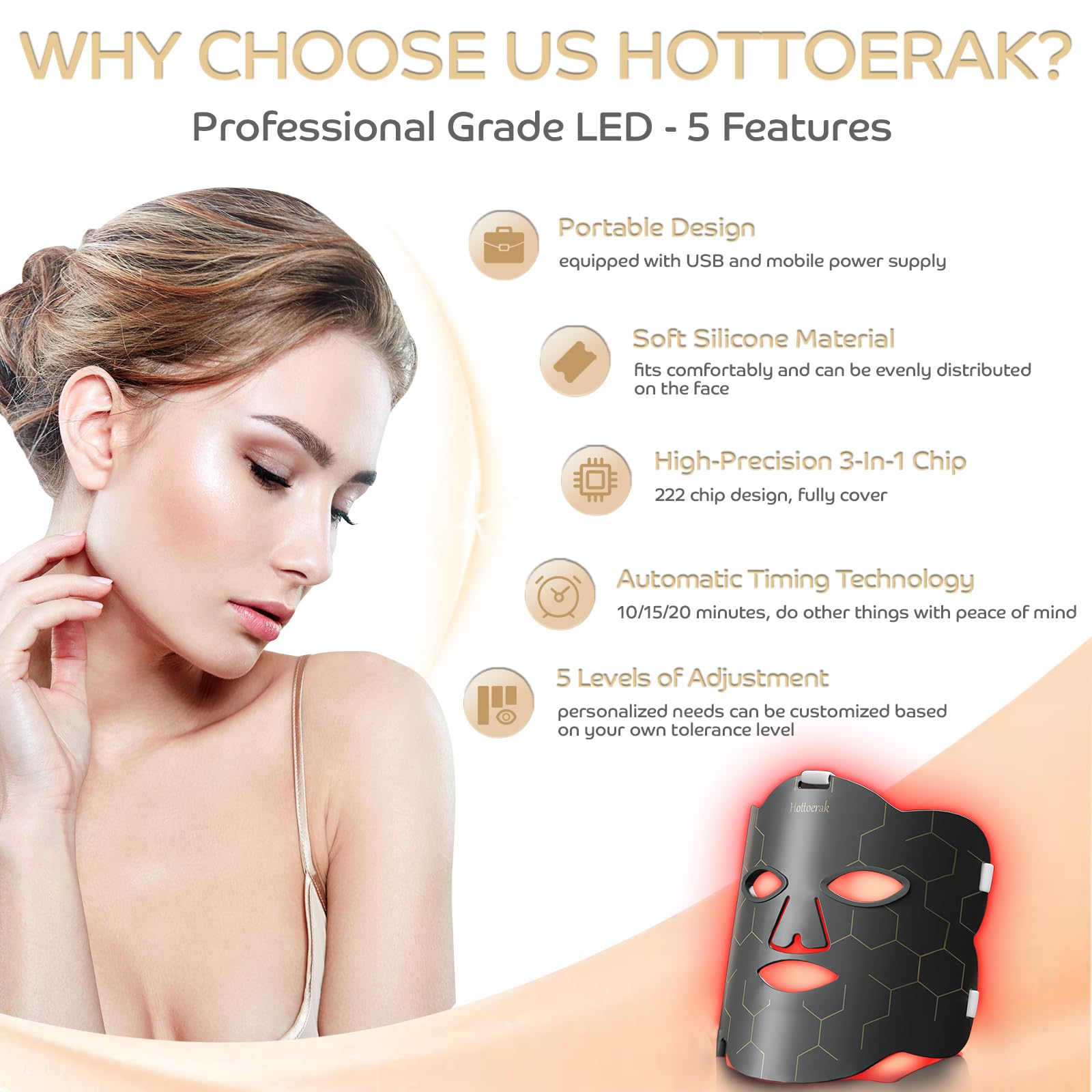 Red Light Therapy Mask for Face - Portable LED Light Therapy Device with Timer, Dual Power Supply for Home & Travel Use | Anti-Aging, Skin Rejuvenation & Acne Treatment