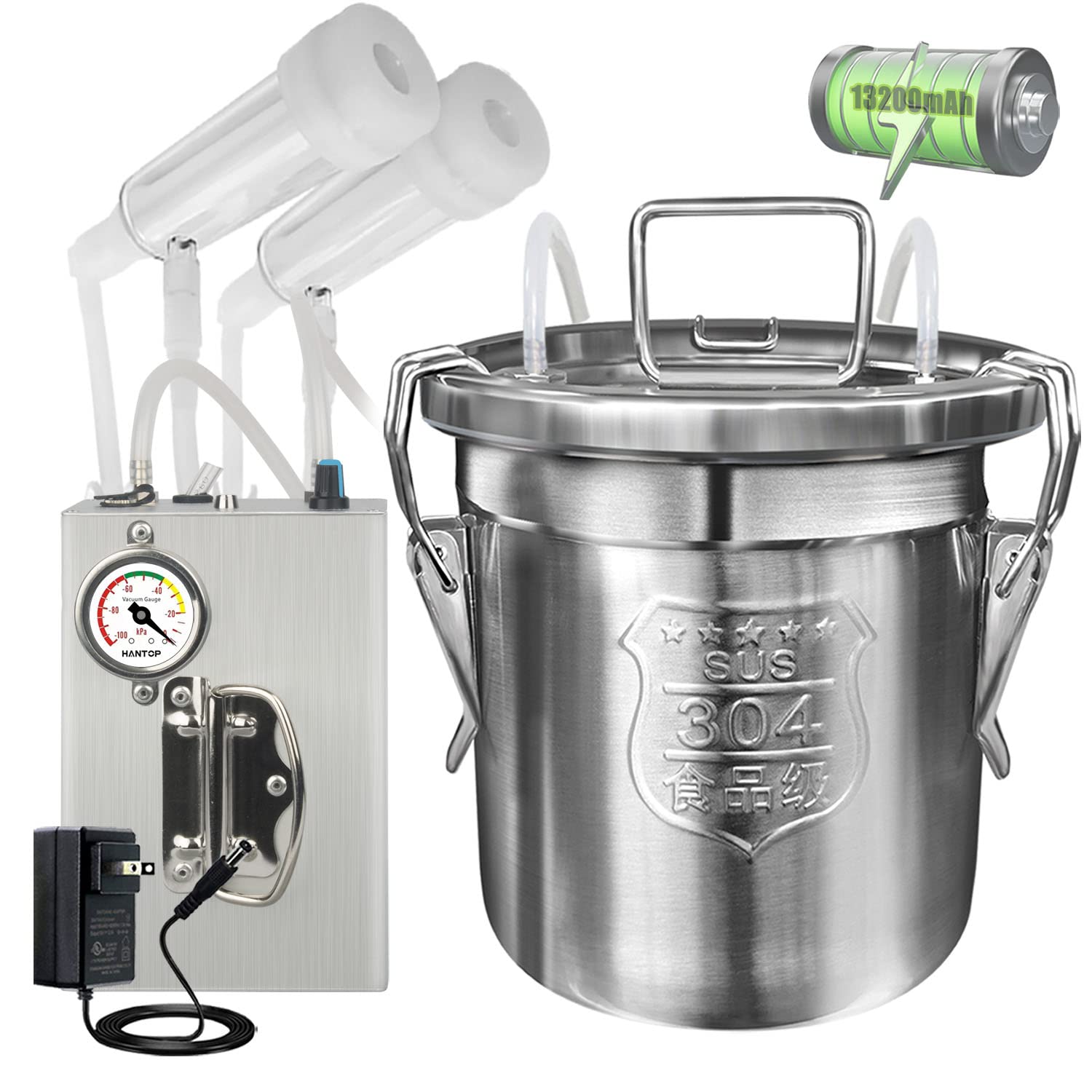 6L Goat Milking Machine - Rechargeable Adjustable Pulsation Vacuum Pump with Pressure Gauge, 304 Stainless Steel Bucket for Dairy Goats | Perfect for Small Farms & Homesteading