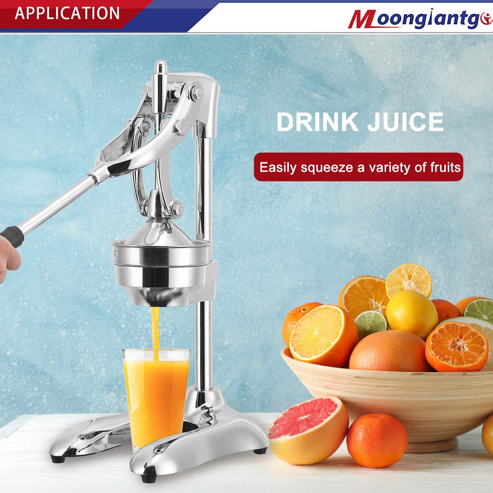 Moongiantgo Commercial Manual Juicer - Heavy Duty Hand Press Citrus Juicer Extractor with 2 Reusable Fruit Bags for Orange, Lemon, Lime, Pomegranate | Easy to Clean Stainless Steel Fruit Squeezer | Perfect for Juice Bars, Restaurants & Home Kitchen Use