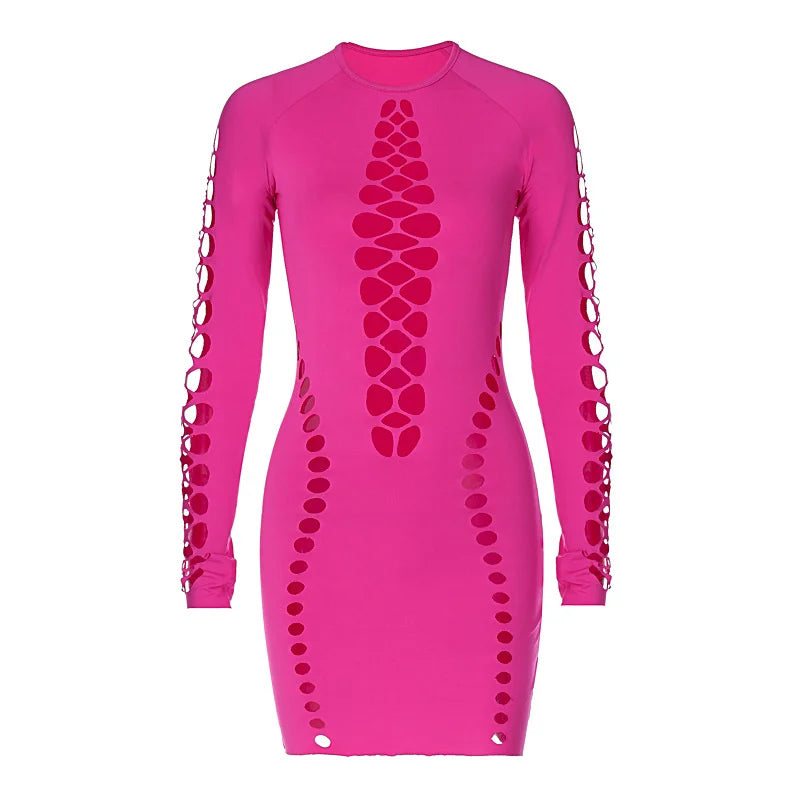 Black Hollow Out Sexy Mini Dress for Women - 2023 Spring New O-Neck Long Sleeve Bodycon Club Party Short Dress | Perfect for Night Out, Date Night, and Special Occasions