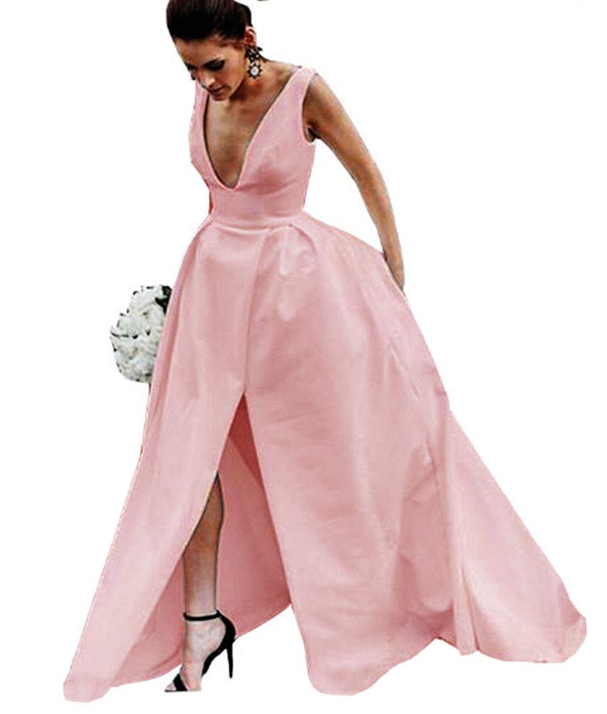 Elegant Women's Deep V-Neck Satin Prom Wedding Dress - Long Split Evening Gown in Peach | Perfect for Formal Events, Bridal Showers & Special Occasions