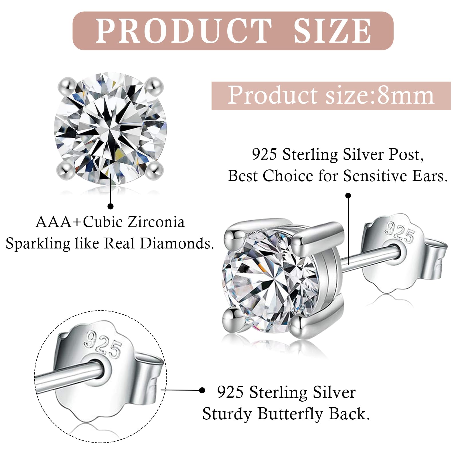 925 Sterling Silver Stud Earrings for Women & Men - Hypoallergenic Small Silver Earrings Set with Cubic Zirconia - 14K White Gold Plated Tiny Sleeper Earrings - Perfect for Everyday Wear, Gift Giving & Sensitive Ears
