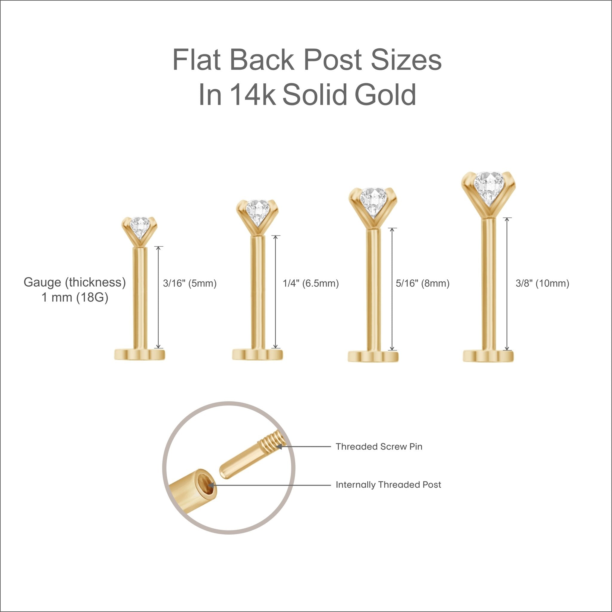 14K Solid Gold Flat Back Stud Earrings - Internally Threaded for Secure Fit | Perfect for Cartilage, Helix, Tragus Piercings & Everyday Wear