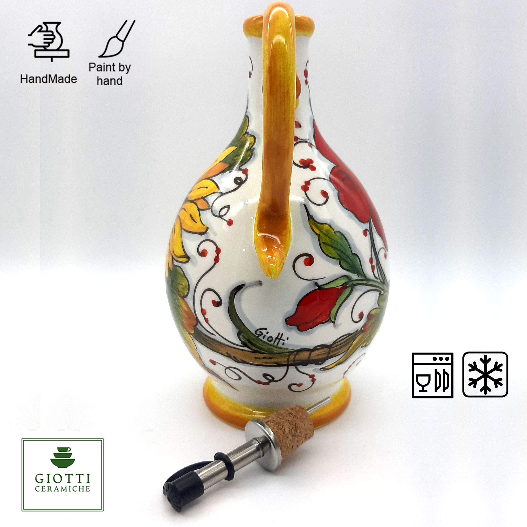 Italian Ceramic Olive Oil Dispenser Bottle - Hand Painted XL 14oz Oil Cruet with Sunflower & Poppies Design - Tuscan Kitchen Decor - Perfect for Cooking, Salad Dressing & Gourmet Gifts - Made in Italy