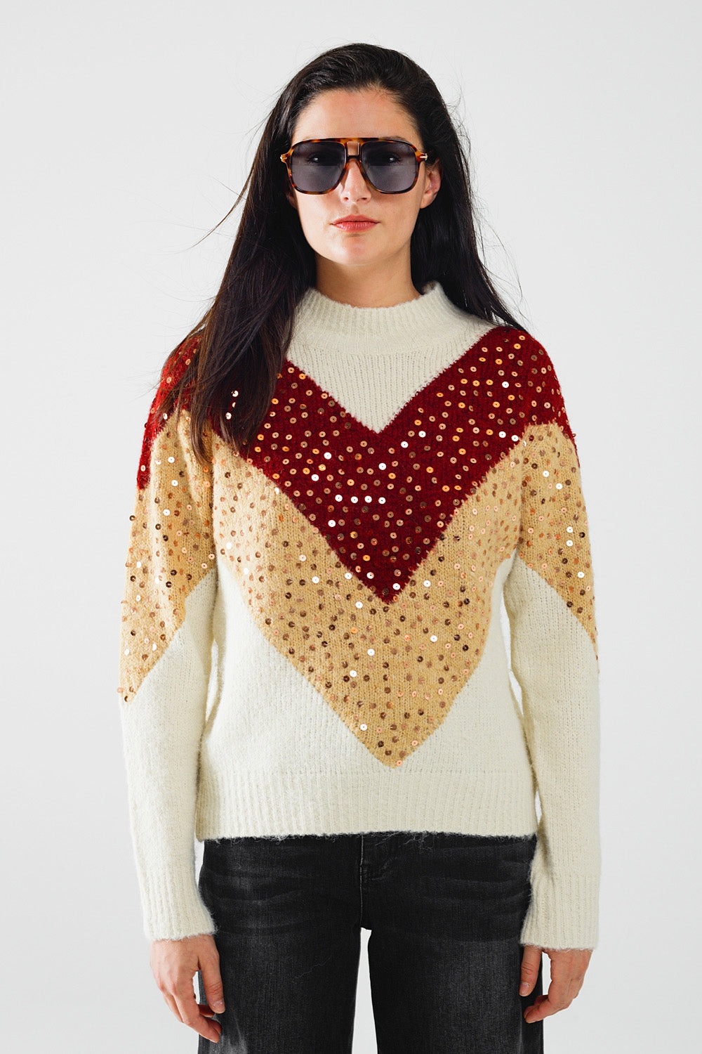 Color Block Bordeaux & Beige Knit Pullover Sweater with Sparkle Embellishments | Women's Fashion Winter Wear for Office & Holiday Parties