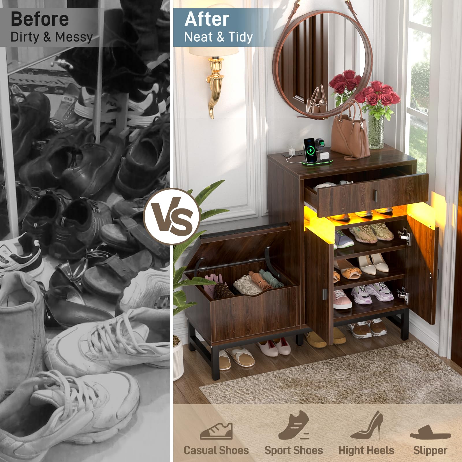Armocity Freestanding Shoe Cabinet with LED Lights & Power Outlets - Entryway Shoe Storage Bench with Reversible Design, Drawer & Hidden Compartment (Black Walnut) - Perfect for Organizing Shoes in Hallway, Mudroom or Bedroom Closet