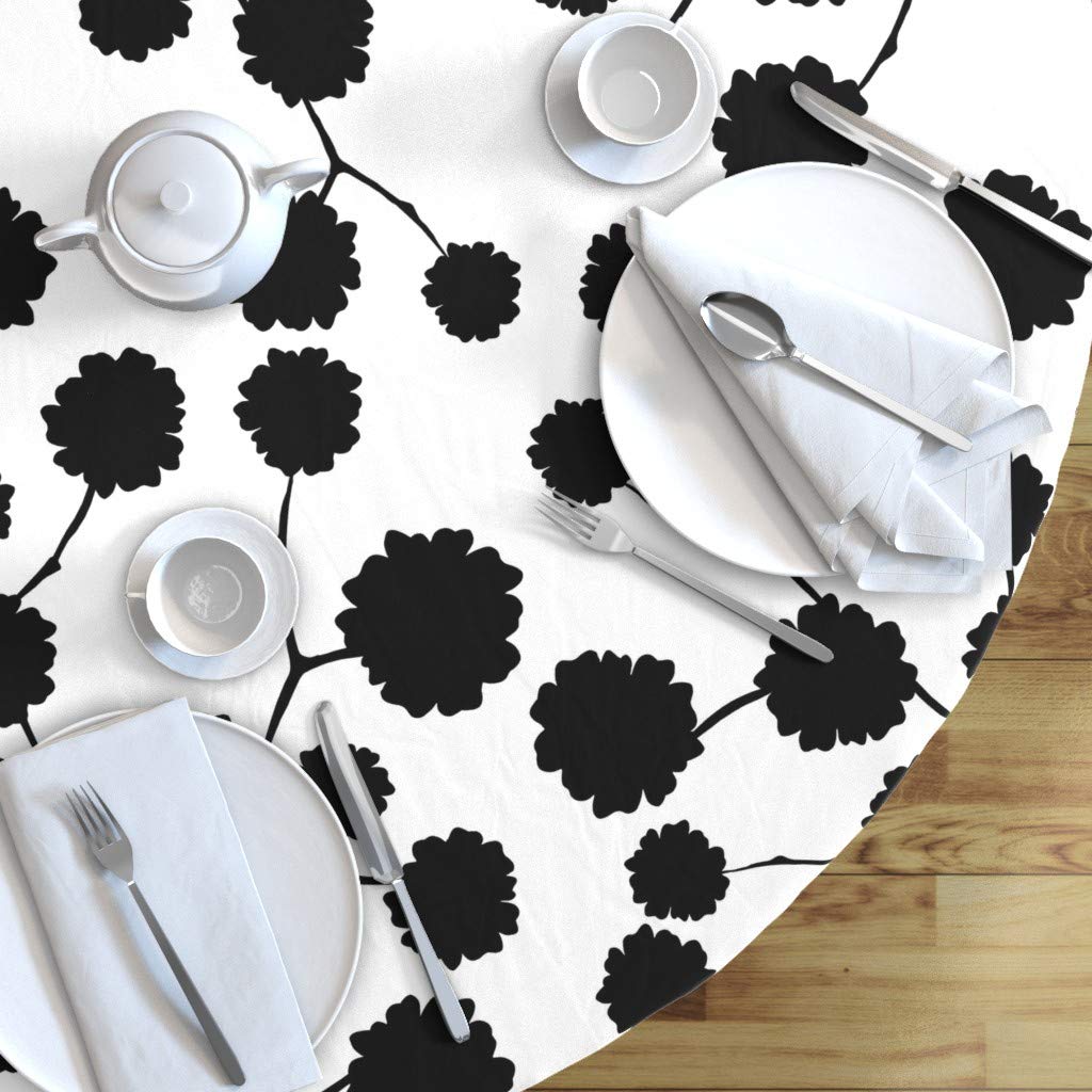 Custom Black Flower Blossom White Floral Cotton Sateen Tablecloth 70