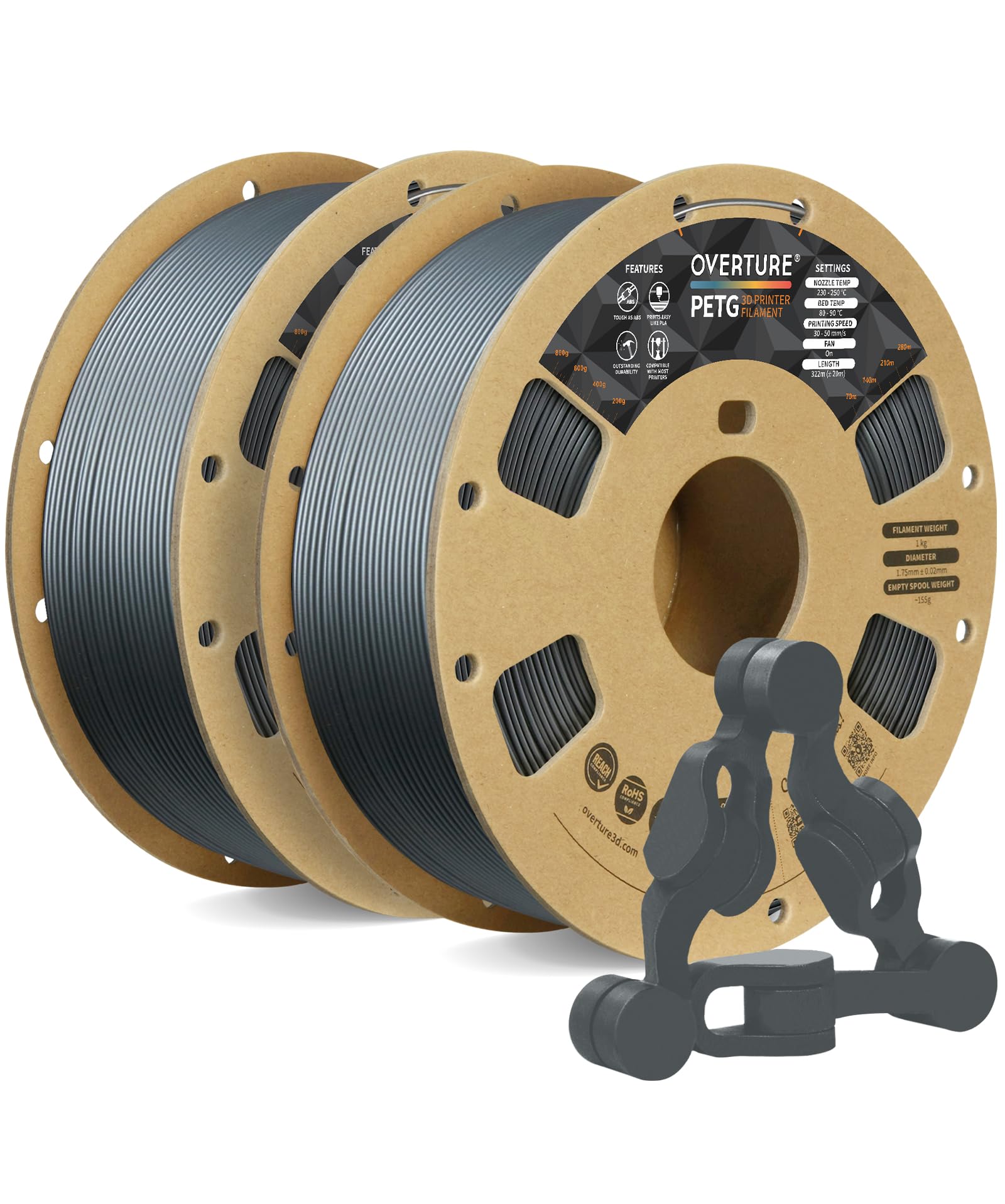 OVERTURE PETG Filament 1.75mm for 3D Printing - 2kg (4.4lbs) High Precision +/-0.02mm Filament - Compatible with Most FDM Printers - Space Gray (2-Pack) - Perfect for DIY Projects, Prototyping & Cosplay Props