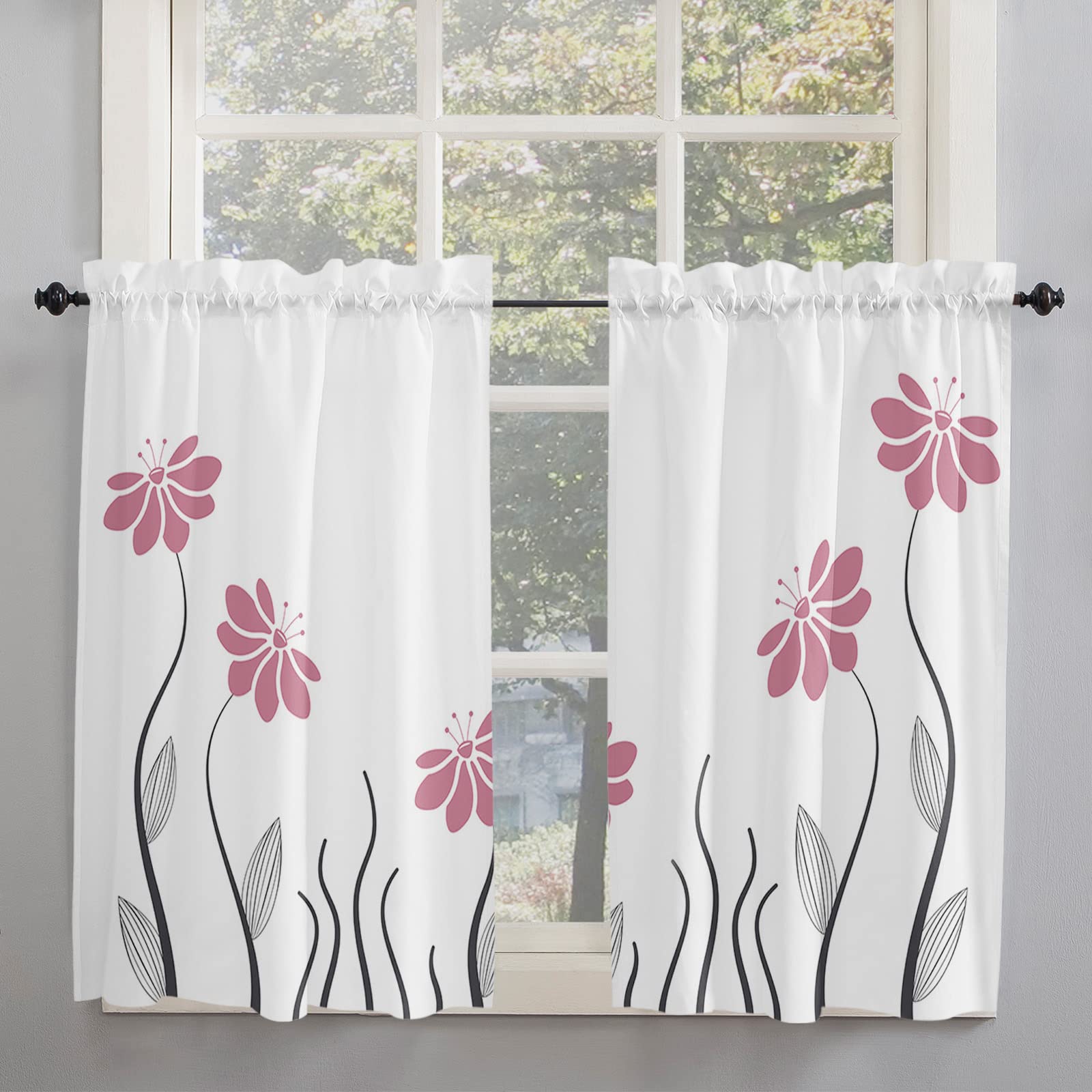 Pink Modern Kitchen Curtains 45 Inch - Vintage Floral & Geometric Striped Window Drapes for Kitchen Windows | Black Flower Print, White Short Tier Panels | Perfect for Farmhouse, Cottage & Vintage Style Kitchens