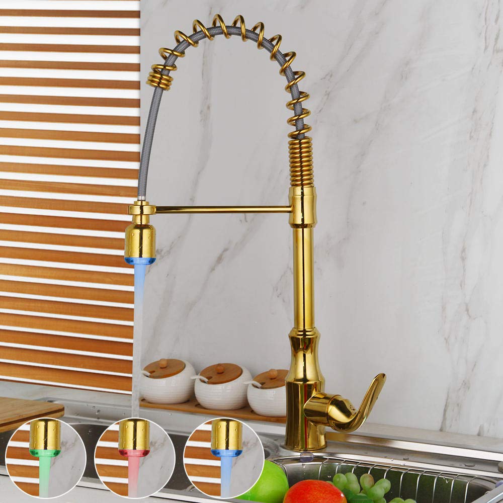Luxury Gold Polish Kitchen Faucet - LED Pull Down Spring Spray Water Tap with Swivel Spout for Vessel Sink | Modern Mixer Tap for Bathroom & Washbasin | Perfect for Home Renovation & Luxury Interior Design