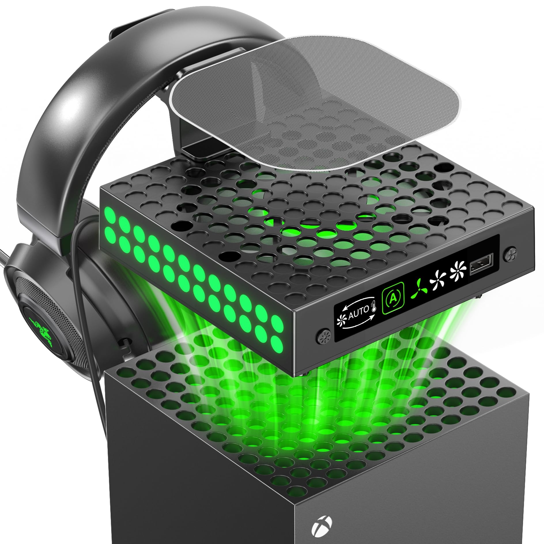 XBX Series X Cooling Fan with Auto Mode & LED Lights - Dust Proof Cooling System for Xbox Series X Console - Built-in Adjustable Fan & Headset Holder - Perfect for Gaming & Streaming Sessions