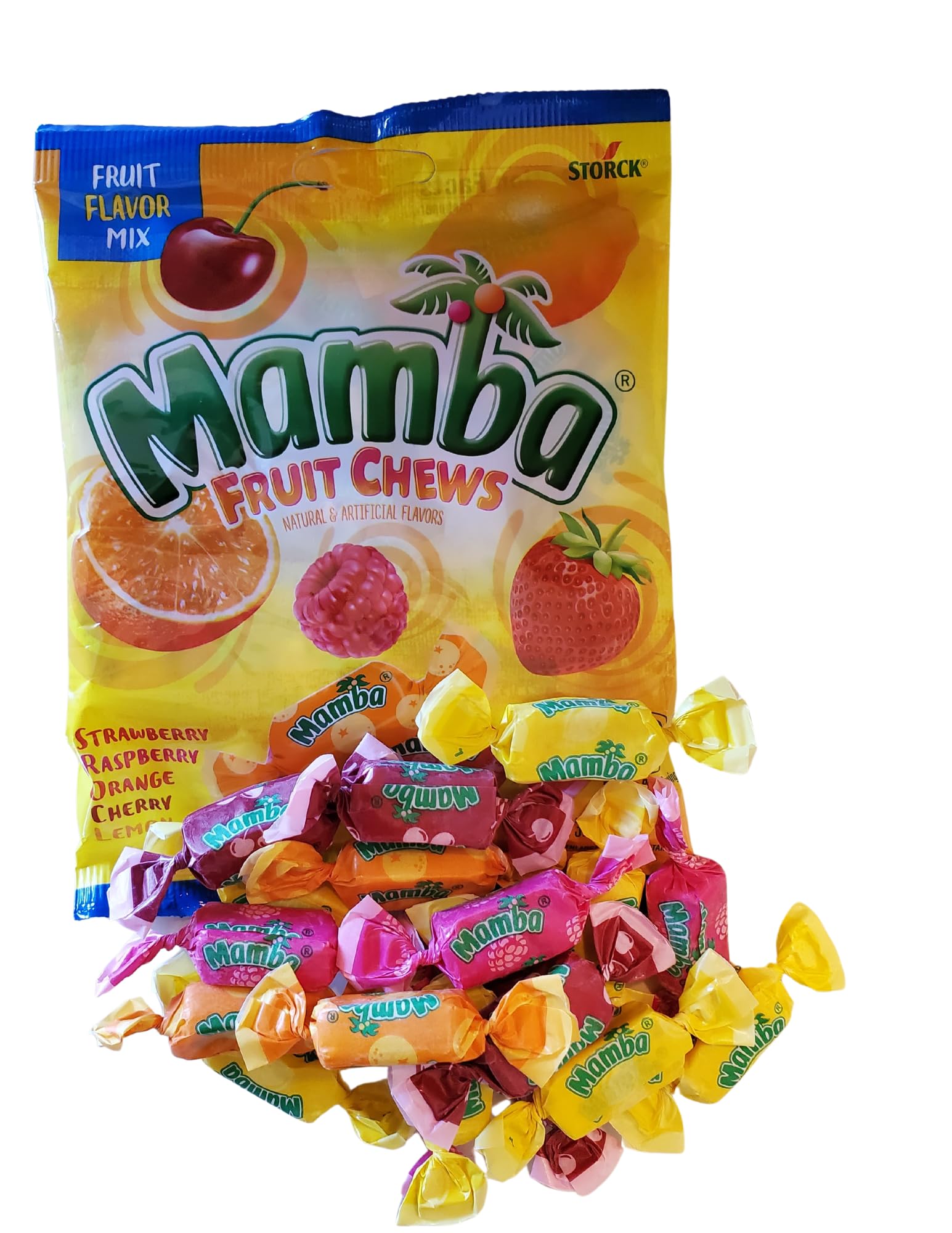 **Mamba Fruit Chews & Tropics Assorted Candy - Chewy, Individually Wrapped, Fresh Flavors (3.52oz Bags, Pack of 4) - Perfect for Parties, Snacks & Gifts**