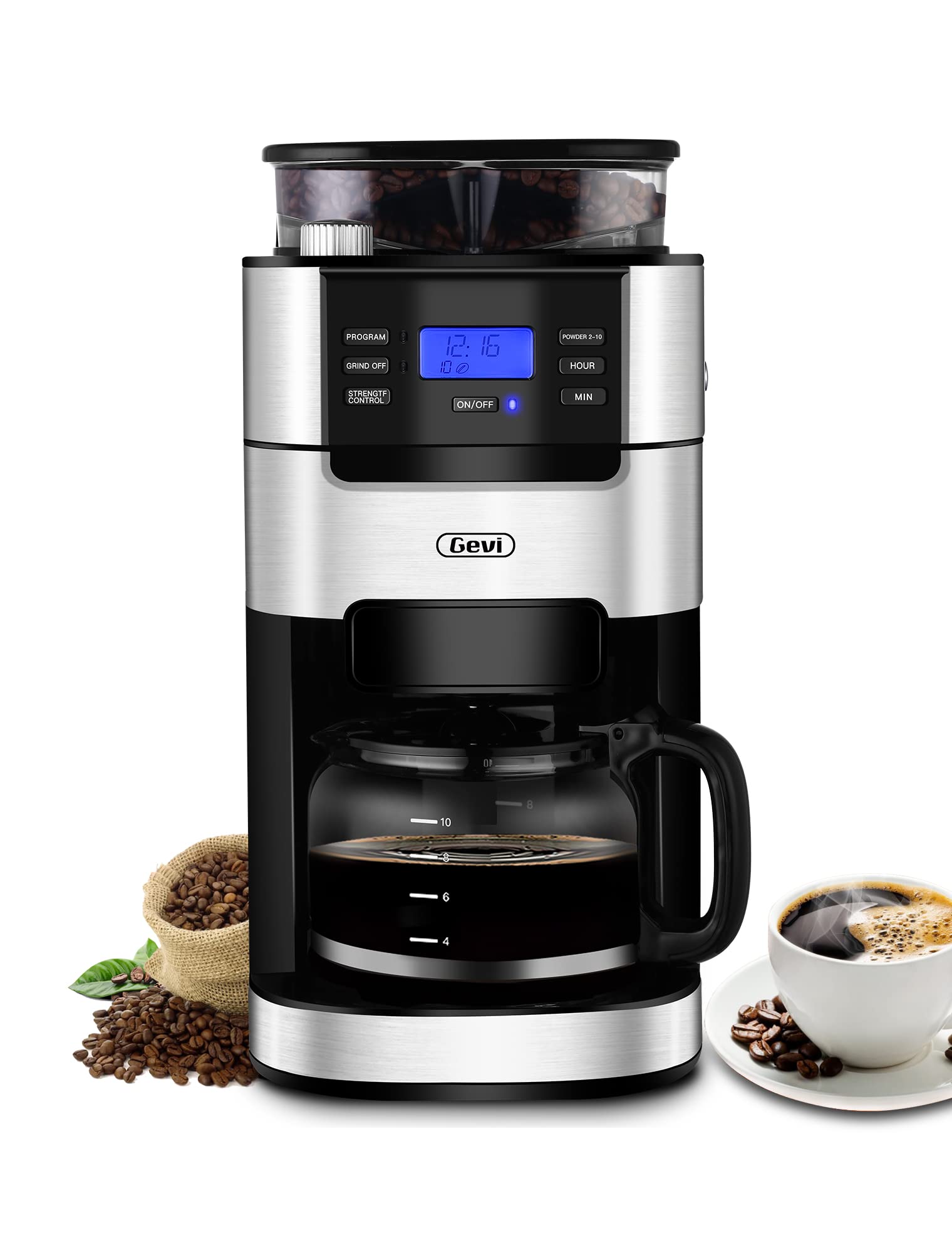 10-Cup Drip Coffee Maker with Built-In Burr Grinder - Programmable Timer & Keep Warm Plate - 1.5L Large Water Tank - 900W Automatic Coffee Machine for Home, Office & Restaurant Use