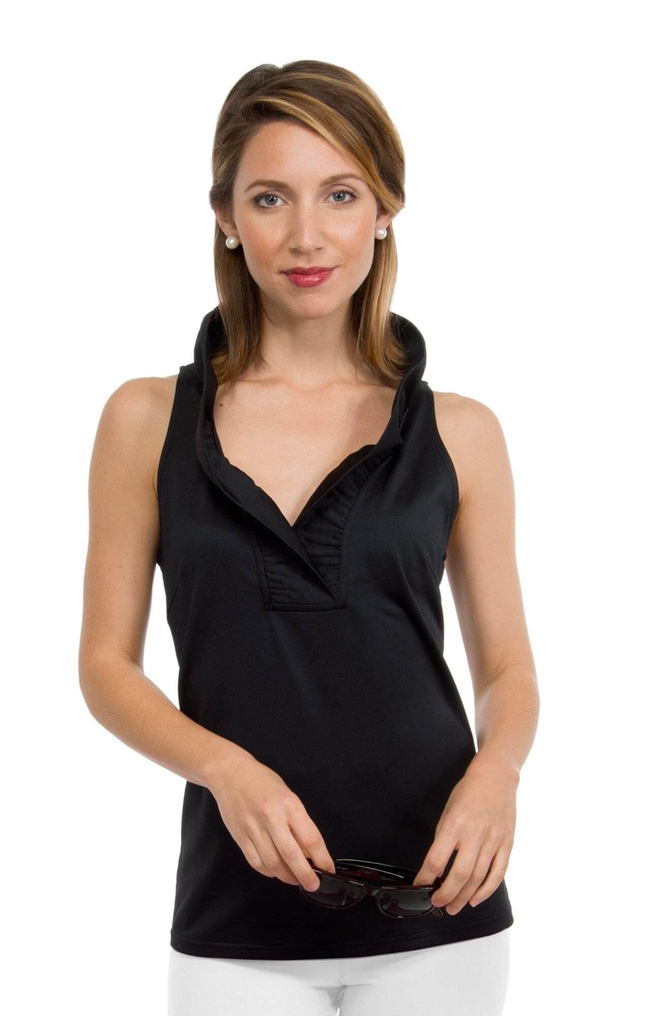 Gretchen Scott Women's Sleeveless Ruffled Neck Top - Black | Casual Summer Blouse for Outings & Parties
