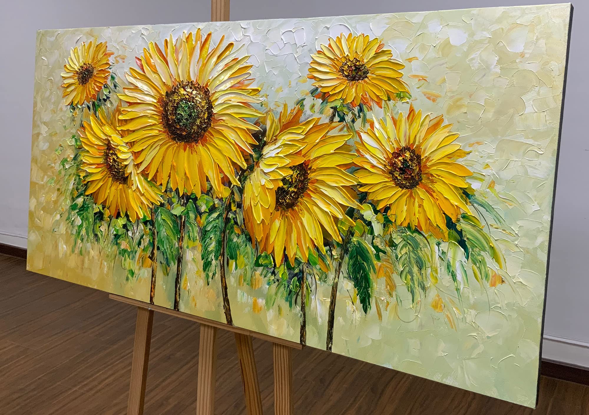 AZAVY ART 24x48 Inch Hand Painted Sunflower Oil Painting - Textured Abstract Floral Canvas Wall Art, Stretched & Framed Ready to Hang - Perfect for Living Room, Bedroom, or Office Decor