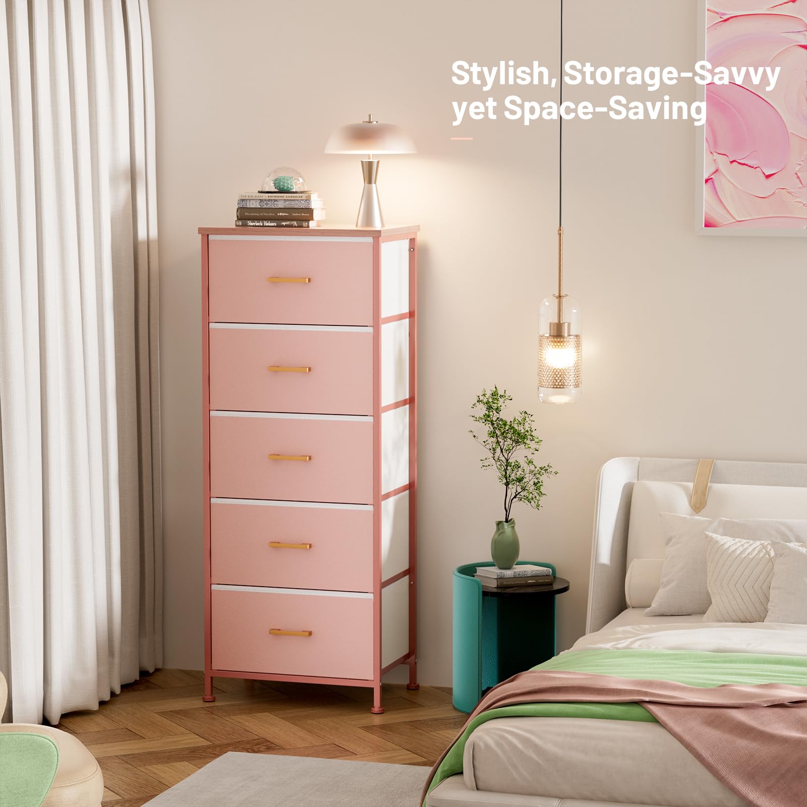 5-Drawer Tall Dresser for Bedroom - Pink Storage Tower with Sturdy Steel Frame, Fabric Bins & Wood Top - Perfect for Kids Room, Nursery, Closet or Living Room Organization - Elegant Leather Finish Dresser for Girls Bedroom Decor