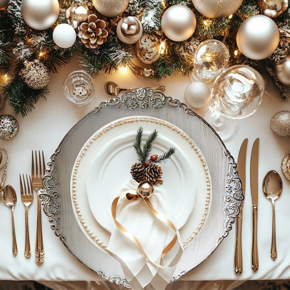 Antique White 13 Inch Embossed Plastic Charger Plates - Set of 6 Elegant Dinner Plate Chargers for Weddings, Parties & Table Decor | Perfect for Formal Dining, Holiday Entertaining & Special Occasions