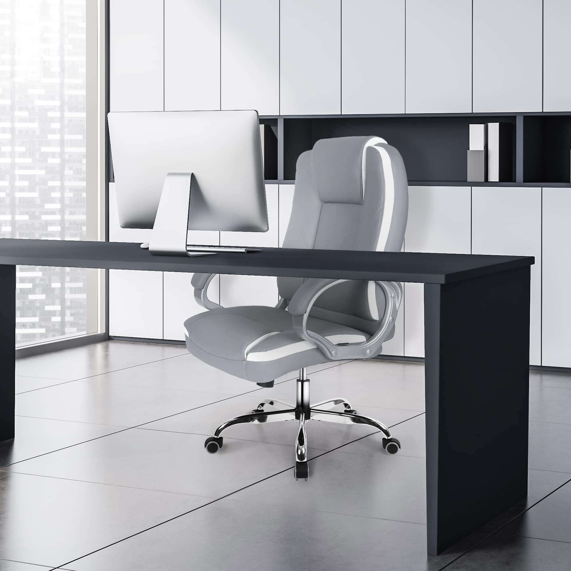 Ergonomic Office Chair with High Back & Lumbar Support - Adjustable Swivel Computer Desk Chair for Gaming, Home & Executive Use - Grey Leather Racing Seat with Wheels for Comfort & Style (Perfect for Long Work Hours, Gaming Sessions & Home Office Setup)