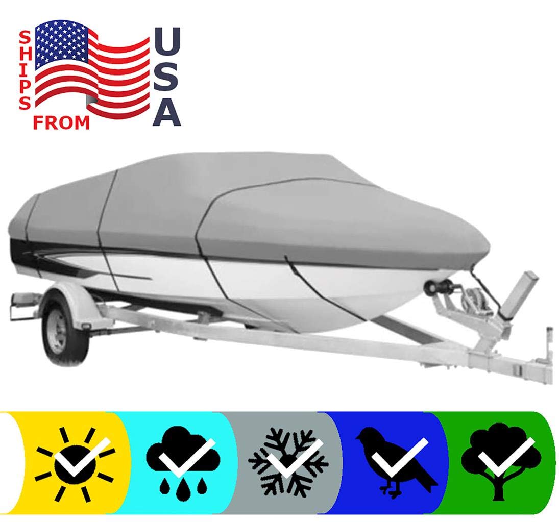SBU Grey Heavy-Duty Boat Cover for Bayliner Fish & Ski 194 SF (2007) - 600D Woven Polyester Waterproof Protection - Includes Storage Bag & 2-Year Warranty - Ideal for Outdoor Boat Storage & Winter Protection