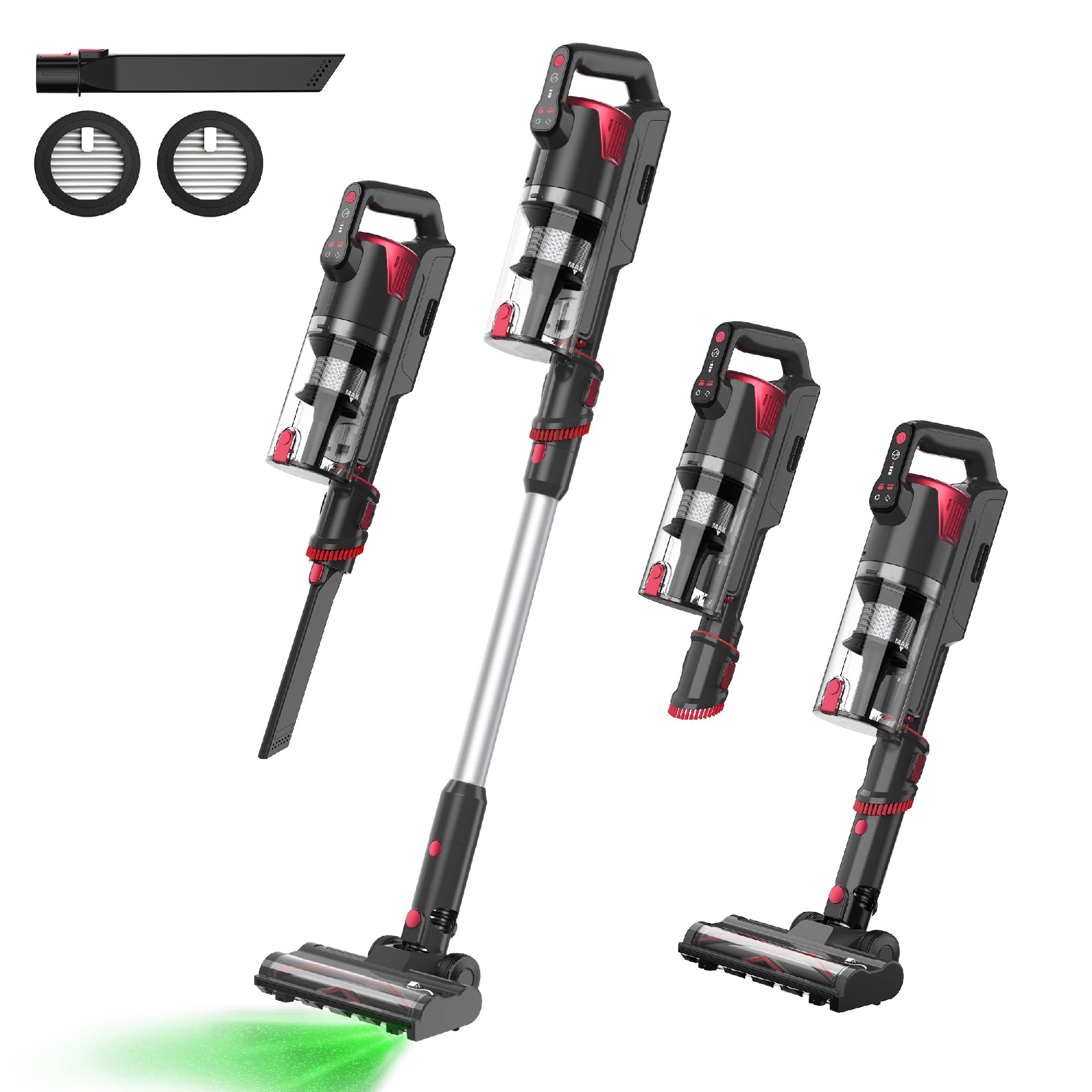 Powerful Cordless Stick Vacuum Cleaner with Brushless Motor, 2500mAh Detachable Battery, 45 Min Runtime & LED Display - Lightweight for Pet Hair, Hardwood Floors & Carpets - Ideal for Home Cleaning (Red)