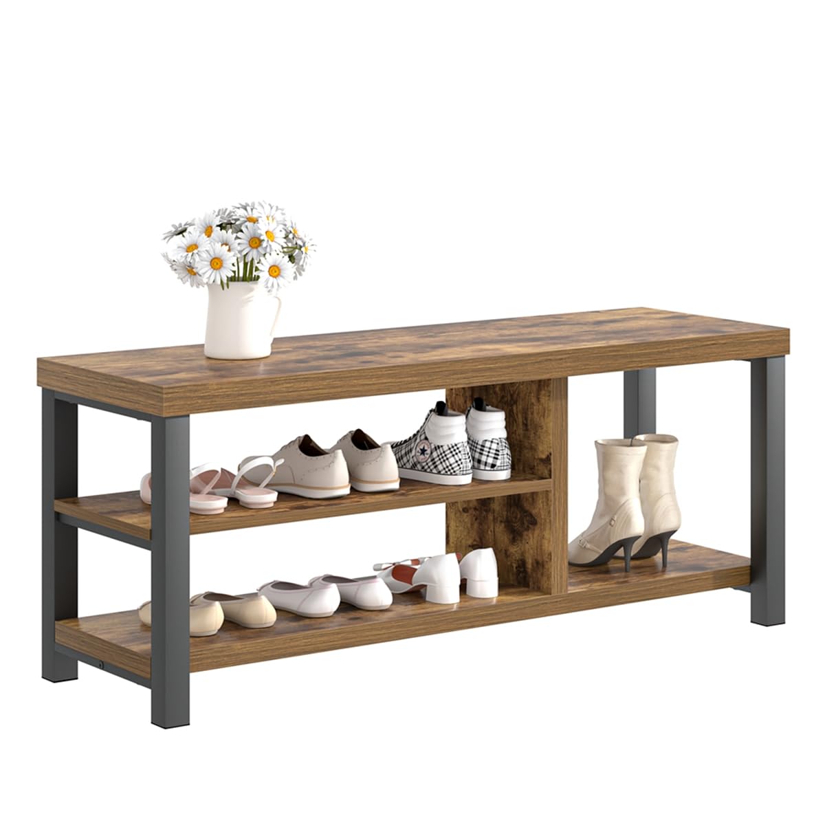EXCEFUR 43.3 Inch Shoe Storage Bench - Rustic Brown Wooden Entryway Bench with Industrial Design for Hallway, Living Room & Bedroom | Perfect for Organizing Shoes, Coats & Home Decor