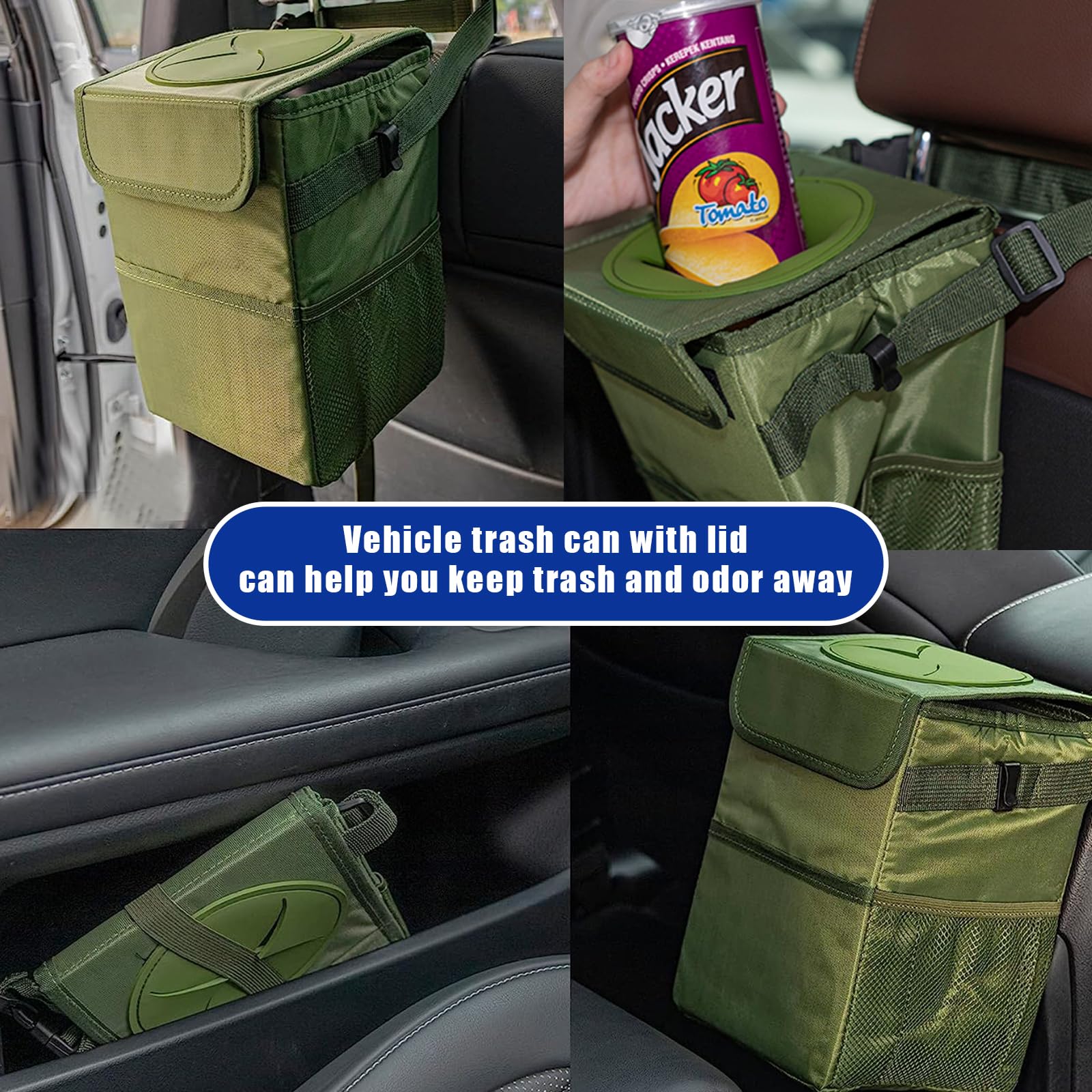 Kewucn Car Trash Can with Lid - Leak-Proof Oxford Fabric Auto Garbage Bin with Storage Pockets | Hanging Collapsible Vehicle Organizer | Universal Fit for Most Cars (Army Green) | Perfect for Road Trips, Commuting & Keeping Your Car Clean