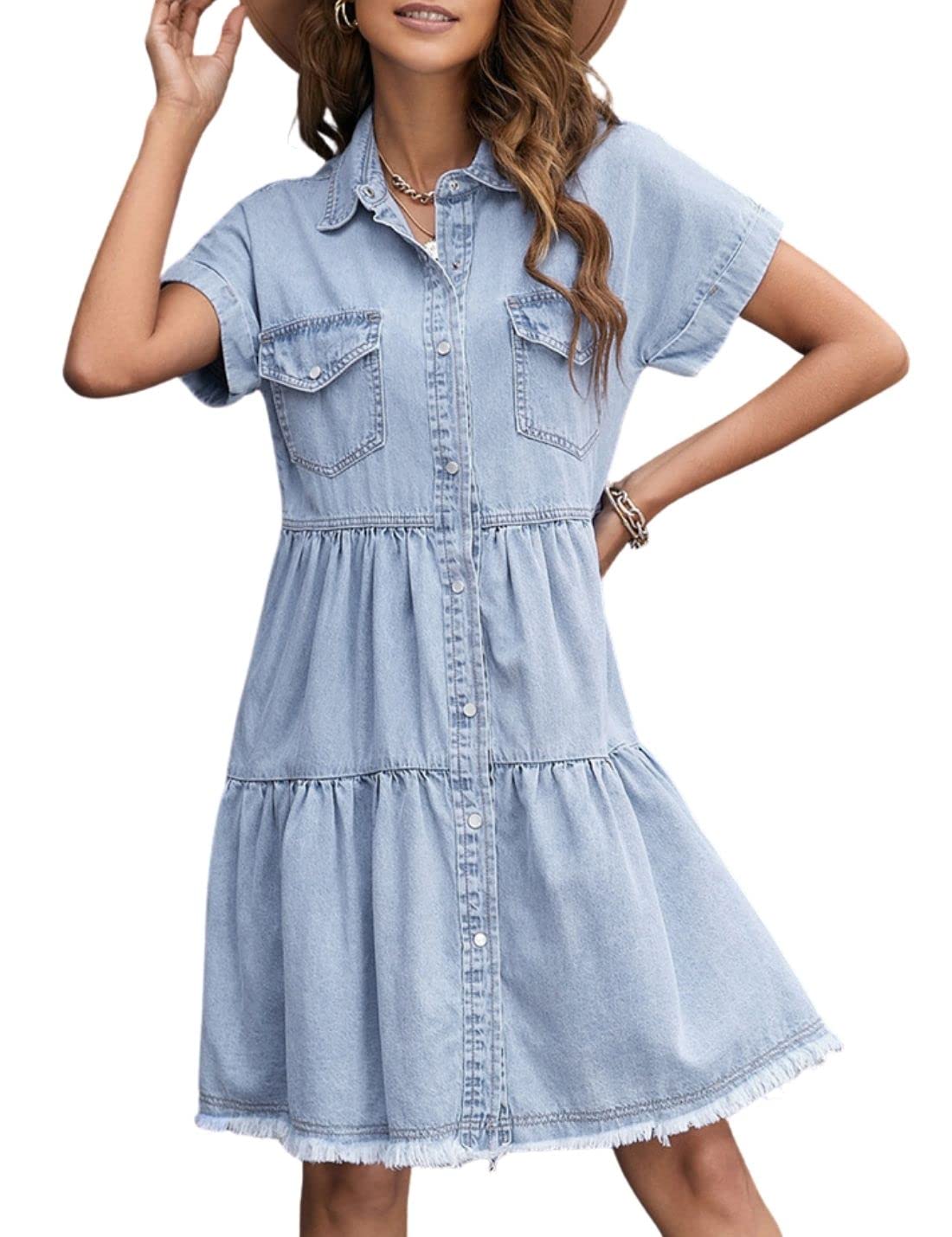 Vintage Denim Jean Dress for Women - Button Down Short Sleeve Frayed Midi Dress | Casual Summer Outfit, Boho Chic Style, Perfect for Streetwear & Date Nights