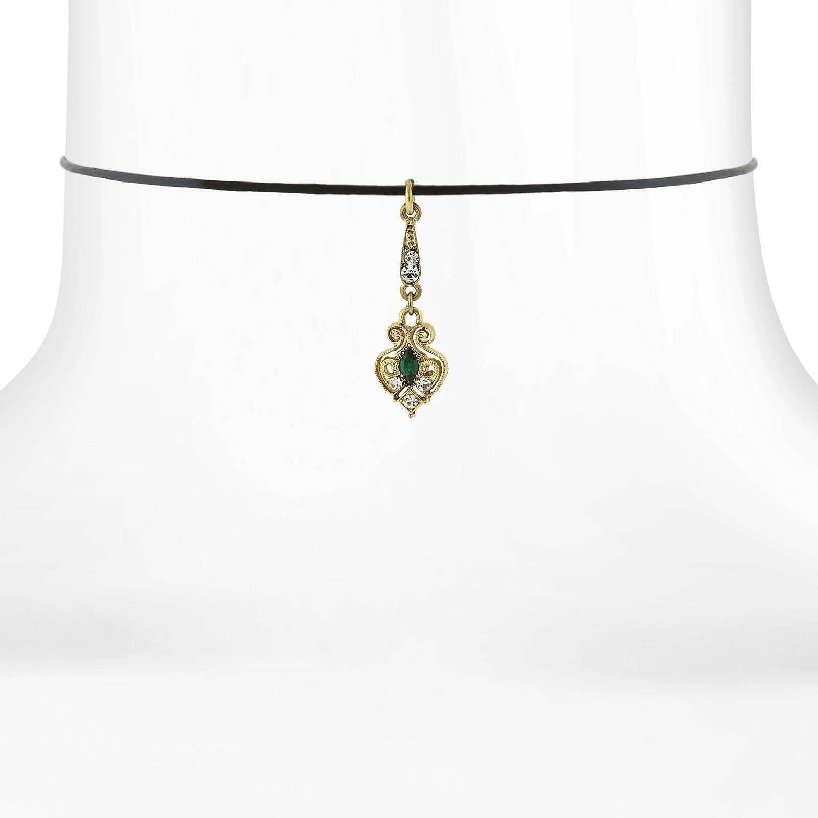 1928 Jewelry Black Choker Necklace with Green Crystal Pendant & 5