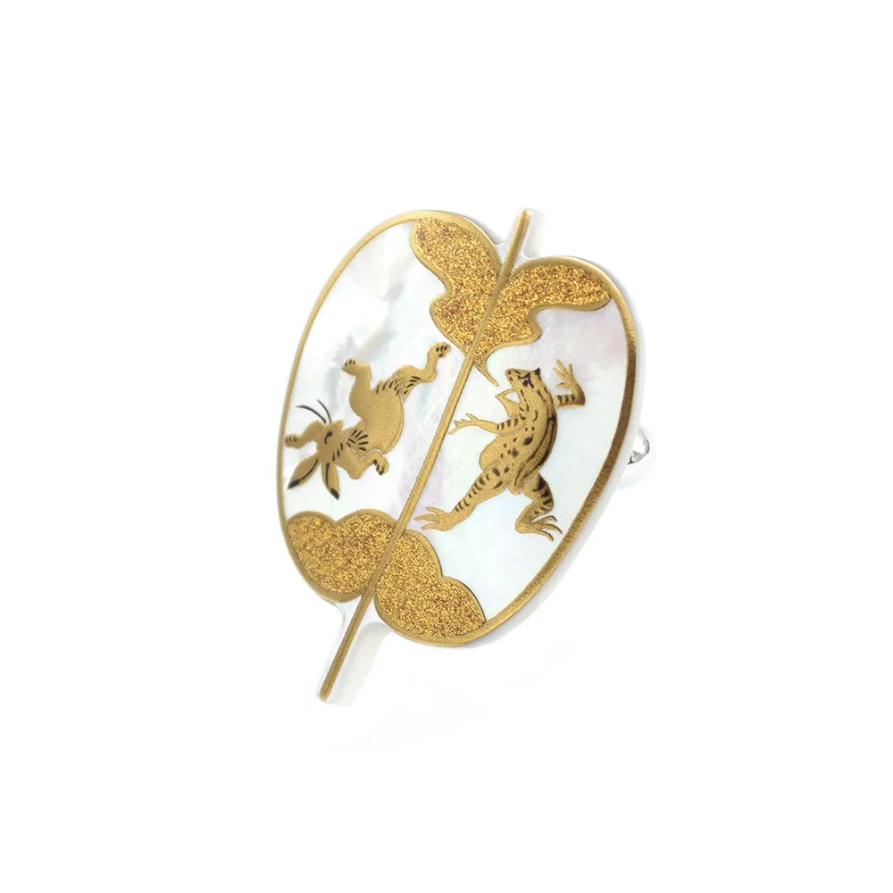 Handcrafted Japanese Maki-e Urushi Lacquer Brooch with White South Sea Pearl Shell - Choju Giga Rabbit & Frog Design - Traditional Artisan Jewelry for Women, Gift for Her, Special Occasion Wear