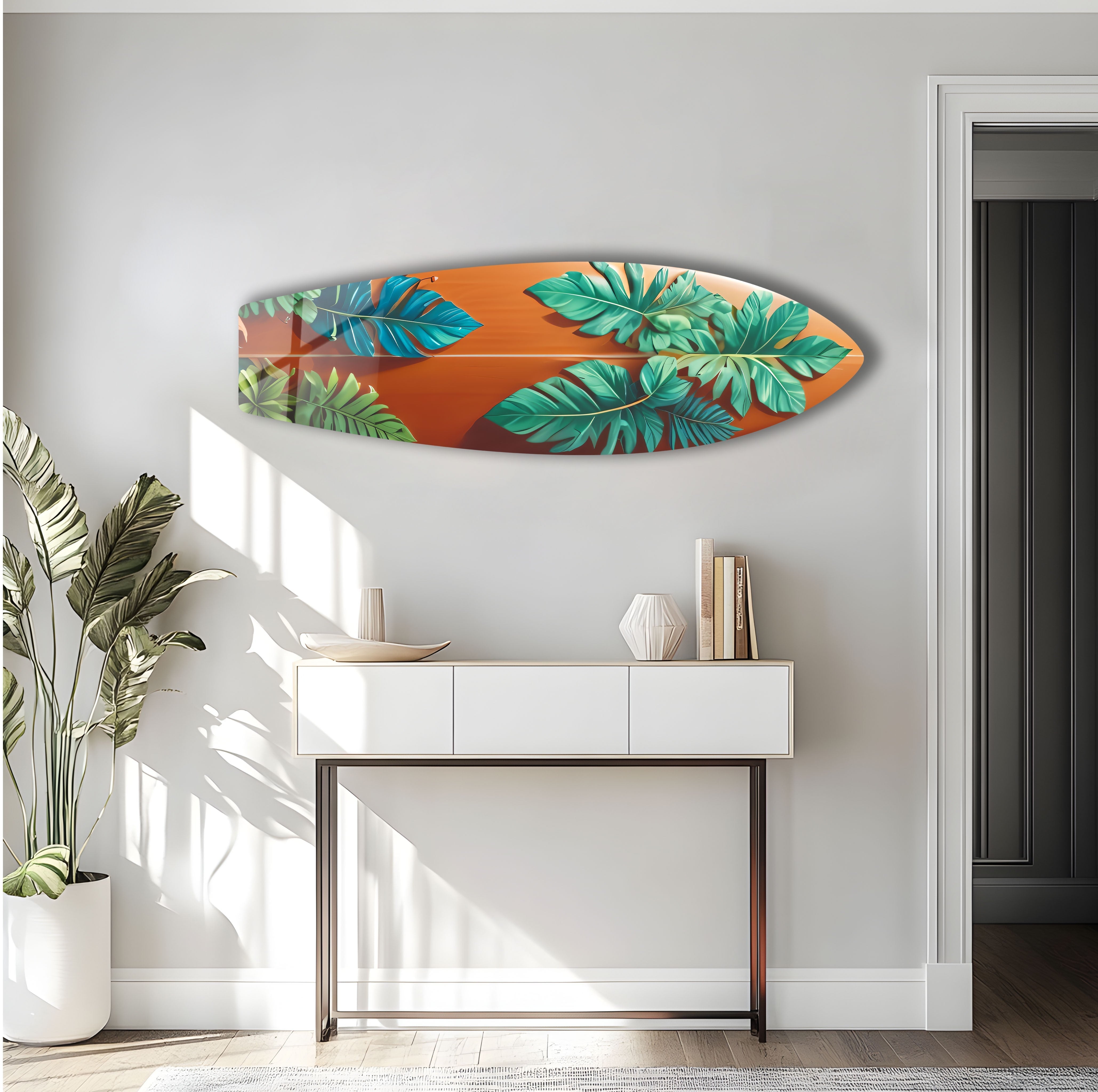 Blue & Green Leaf Surfboard Wall Art - Tropical Beach Decor for Living Room, Bedroom, or Office