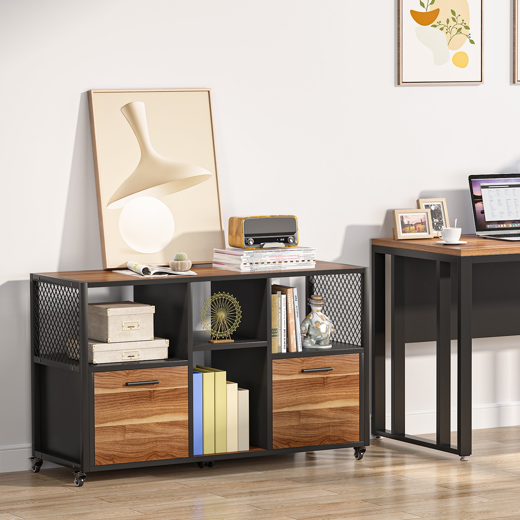 2 Drawer Wooden Mobile Lateral File Cabinet - Office Storage Solution for Documents & Files - Perfect for Home, Office & Workspace Organization