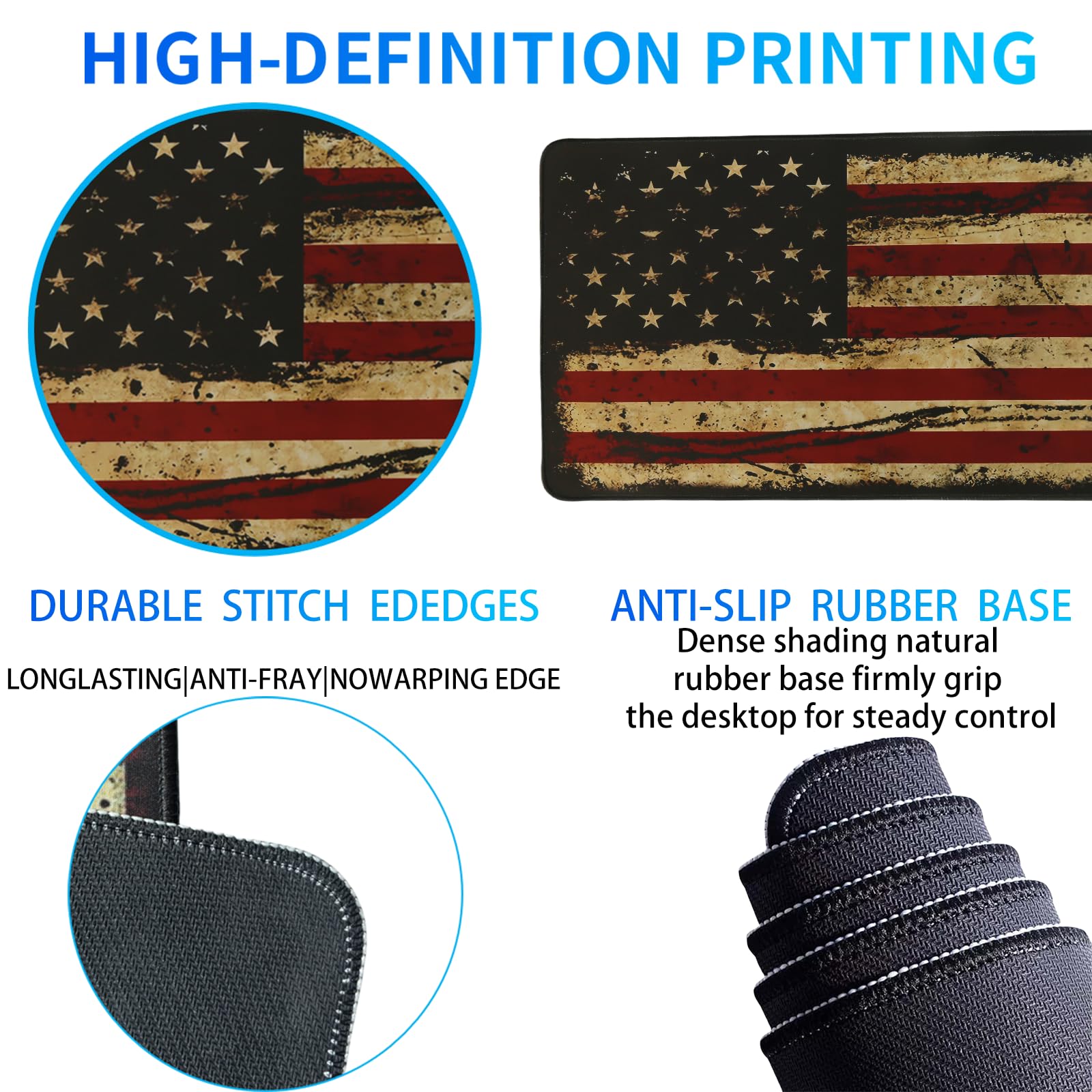 USA Flag Gaming Mouse Pad - Extra Large Non-Slip Rubber Base Desk Mat with Stitched Edges for PC & Laptop | Perfect for Gamers, Office Work & Home Use (Black, Large)