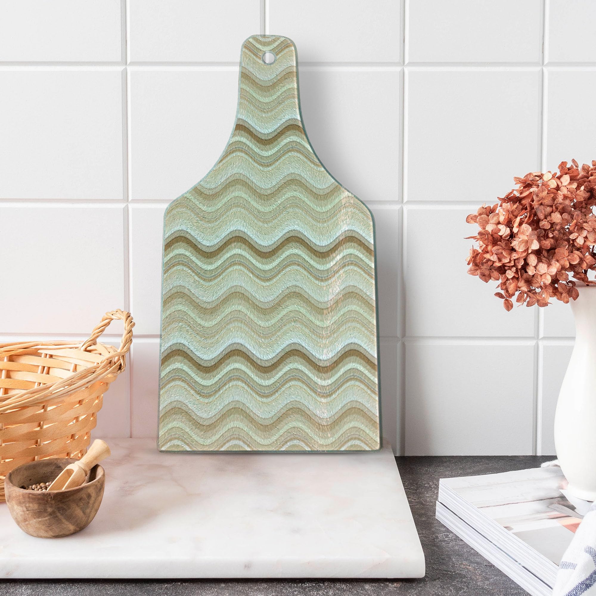 Ambesonne Decorative Tempered Glass Cutting Board - Wavy Vertical Line Design, Wine Bottle Shape in Pale Brown & White - Perfect for Serving Cheese, Charcuterie & Wine Pairings