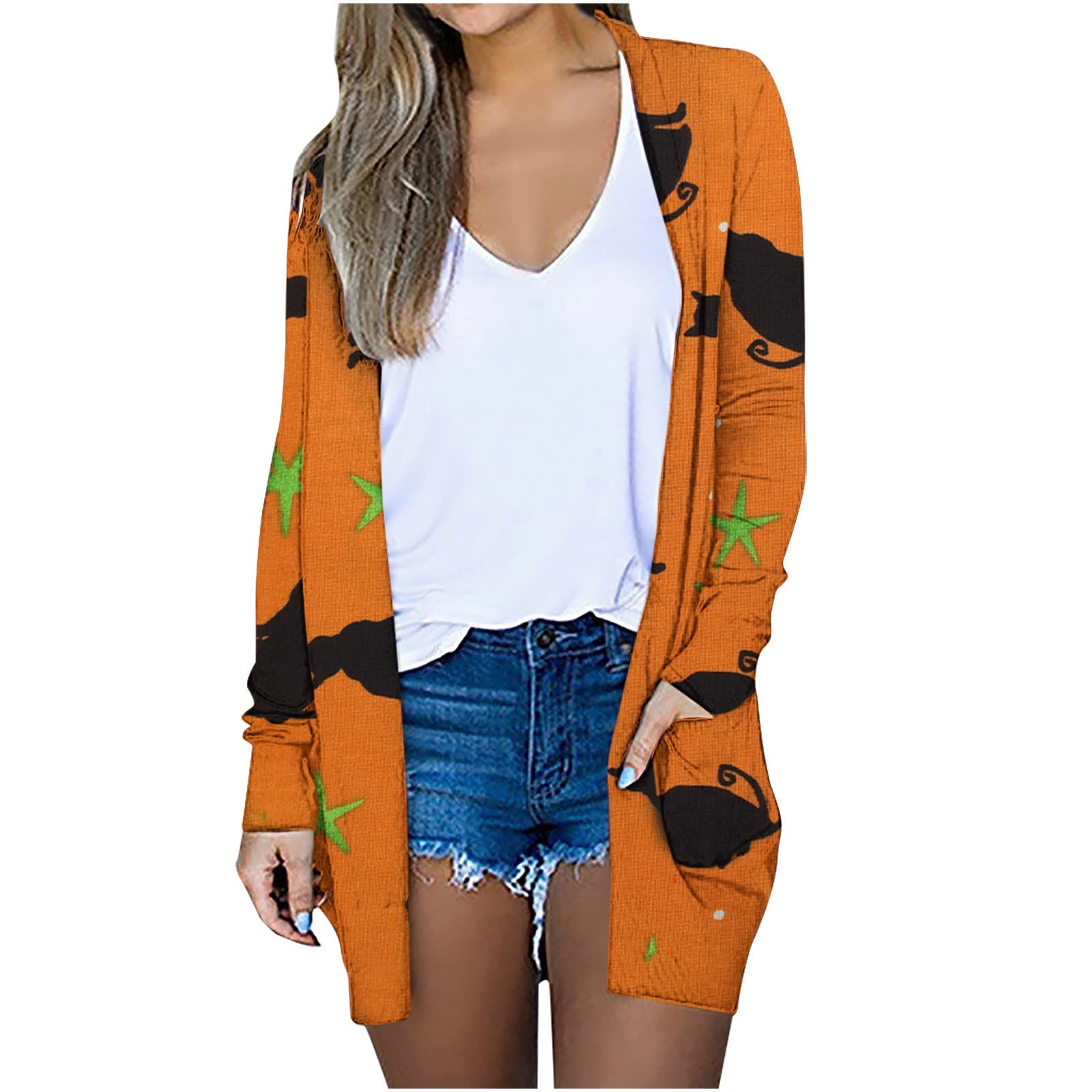 Women's Halloween Pumpkin Print Cardigan - Long Sleeve Open Front Lightweight Coat for Fall, Casual Loose Fit Sweater | Perfect for Pumpkin Patch Visits, Halloween Parties & Cozy Autumn Outfits