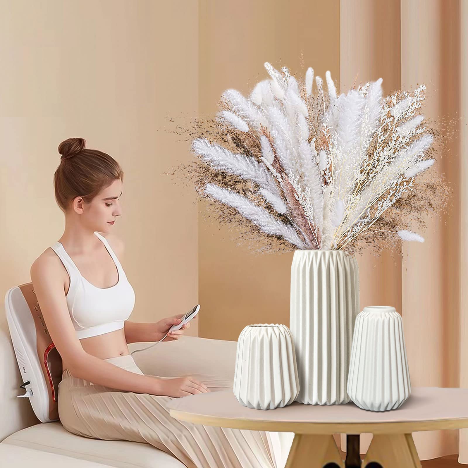 White Ceramic Vases Set of 3 - Modern Home Decor Flower Vases for Aesthetic Room, Boho Wedding Centerpiece | Perfect for Dining Table, Office Desk, Party Decor & Living Room Arrangements