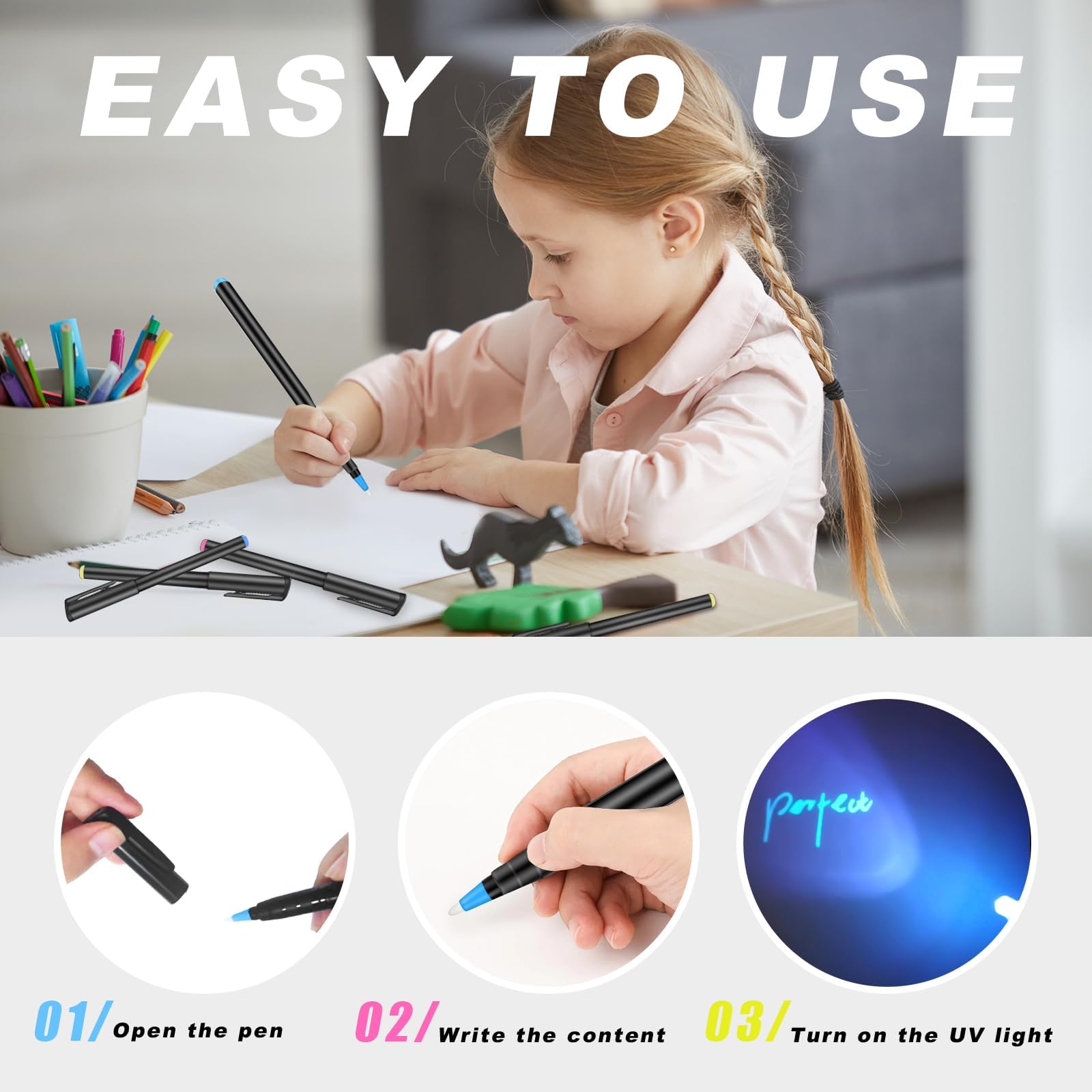 Spy Pen with Invisible Ink & 3 Mini UV LED Keychain Flashlights - Disappearing Ink Magic Pen with Black Light Markers for Secret Notes - Perfect for Christmas, Halloween Gifts & Secret Agent Games (3 Pack)
